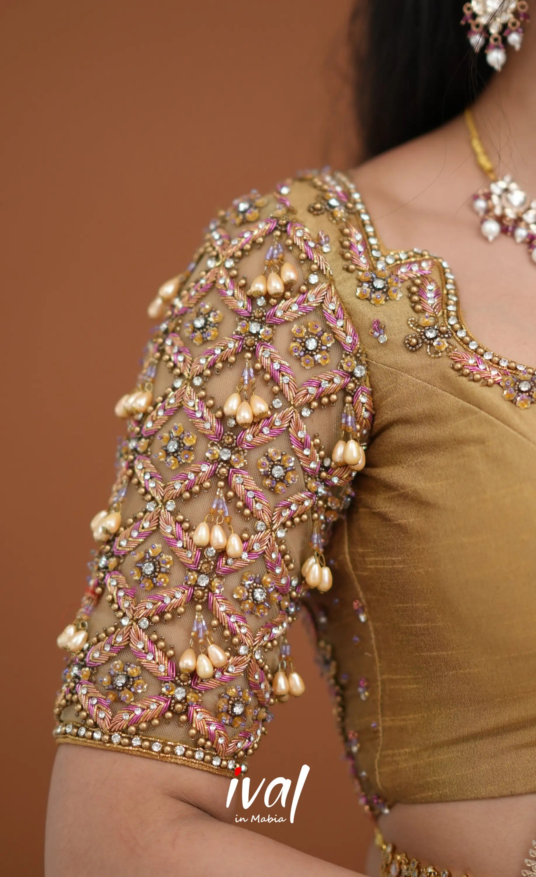 Amethyst Aari Handworked Bridal Lehenga - Beige and Light Pink Half Sarees