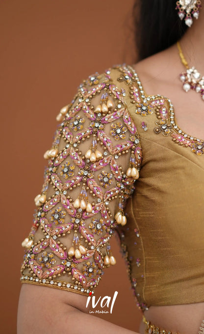 Amethyst Aari Handworked Bridal Lehenga - Beige and Light Pink Half Sarees