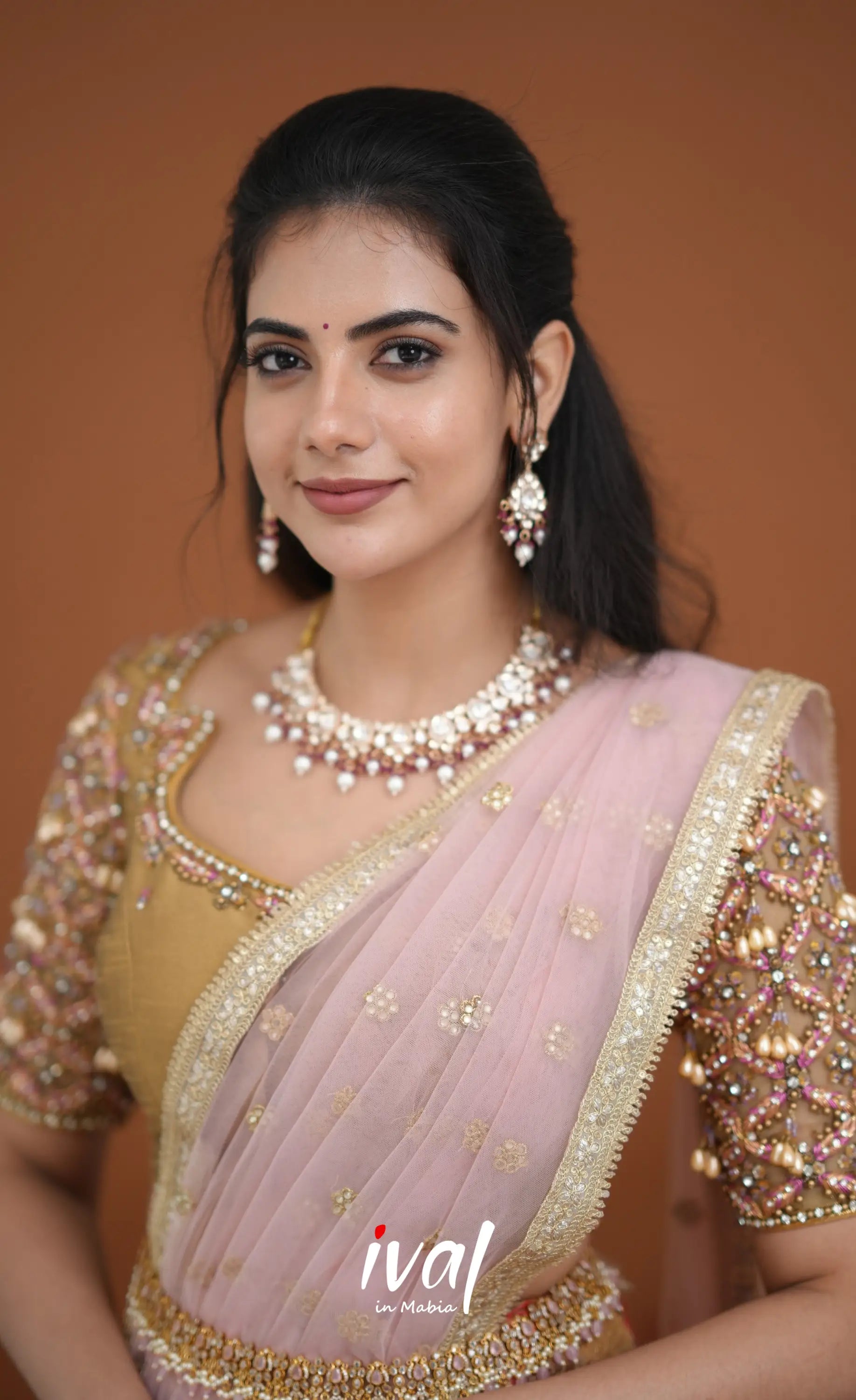 Amethyst Aari Handworked Bridal Lehenga - Beige and Light Pink Half Sarees