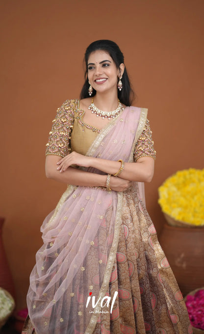 Amethyst Aari Handworked Bridal Lehenga - Beige and Light Pink Half Sarees