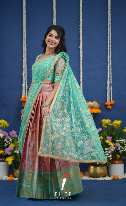 Amethyst Aari Handworked Bridal Lehenga - Coral pink and Pastel teal Half Sarees