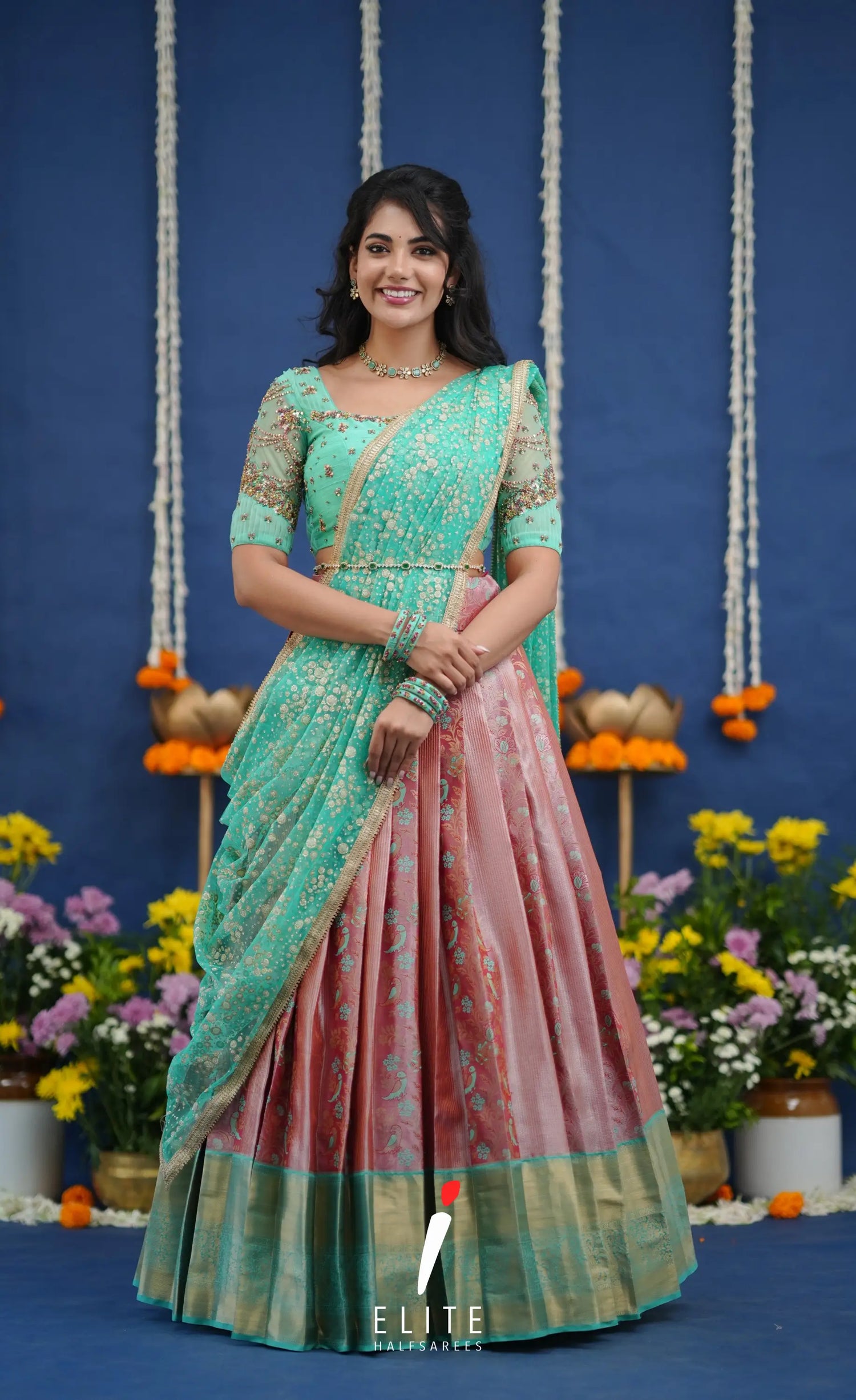 Amethyst Aari Handworked Bridal Lehenga - Coral pink and Pastel teal Half Sarees