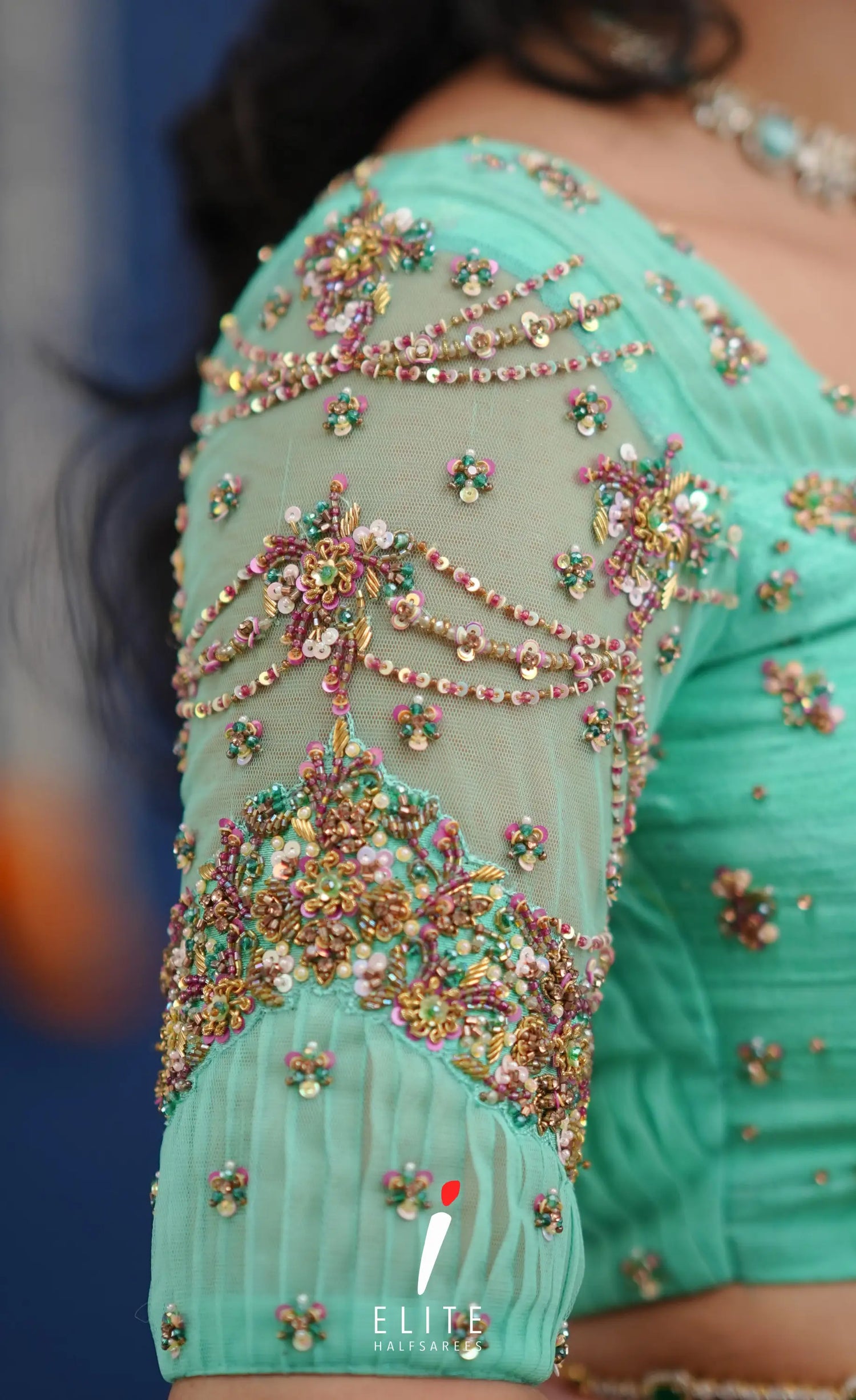 Amethyst Aari Handworked Bridal Lehenga - Coral pink and Pastel teal Half Sarees