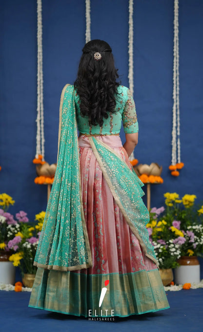 Amethyst Aari Handworked Bridal Lehenga - Coral pink and Pastel teal Half Sarees
