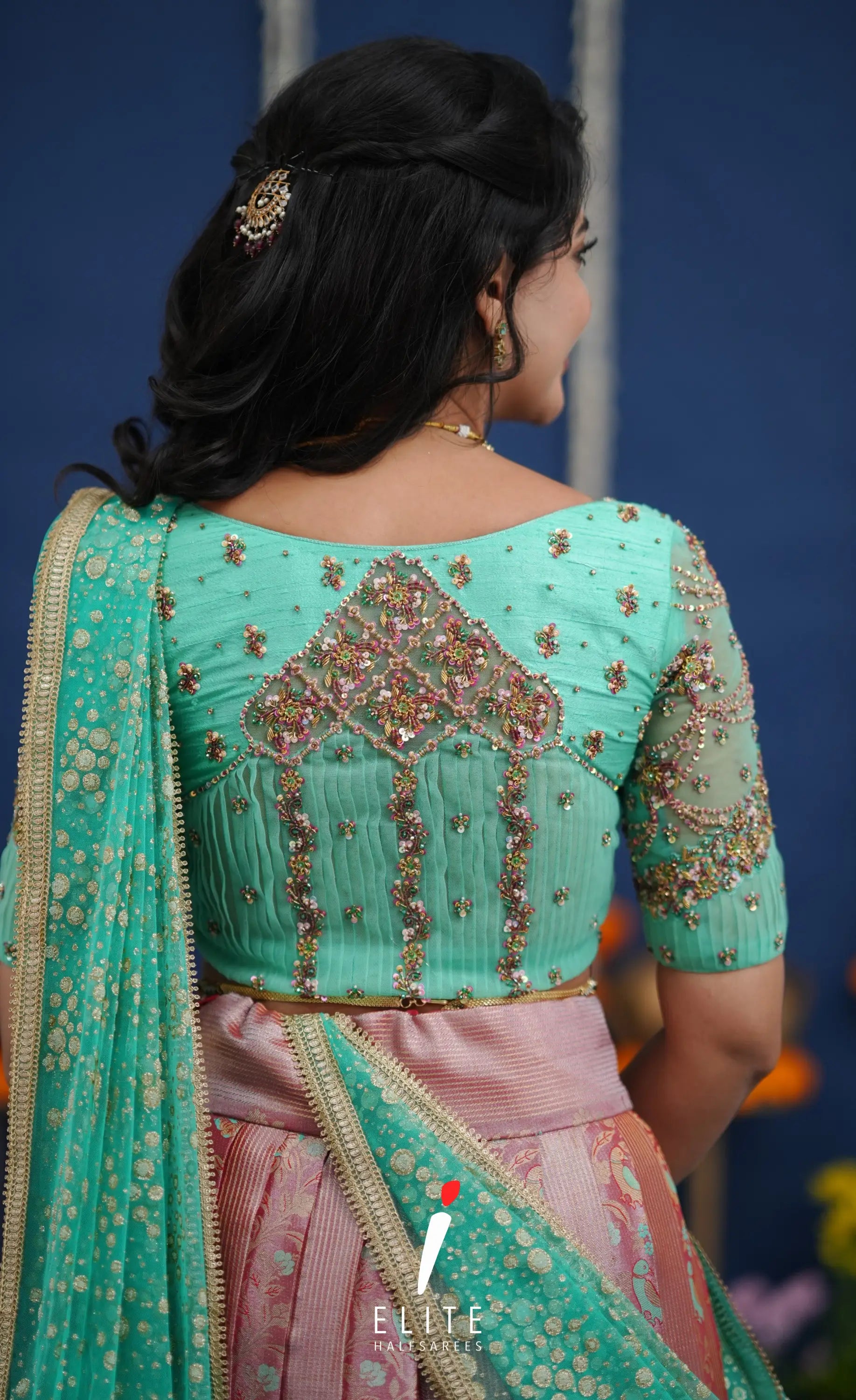 Amethyst Aari Handworked Bridal Lehenga - Coral pink and Pastel teal Half Sarees