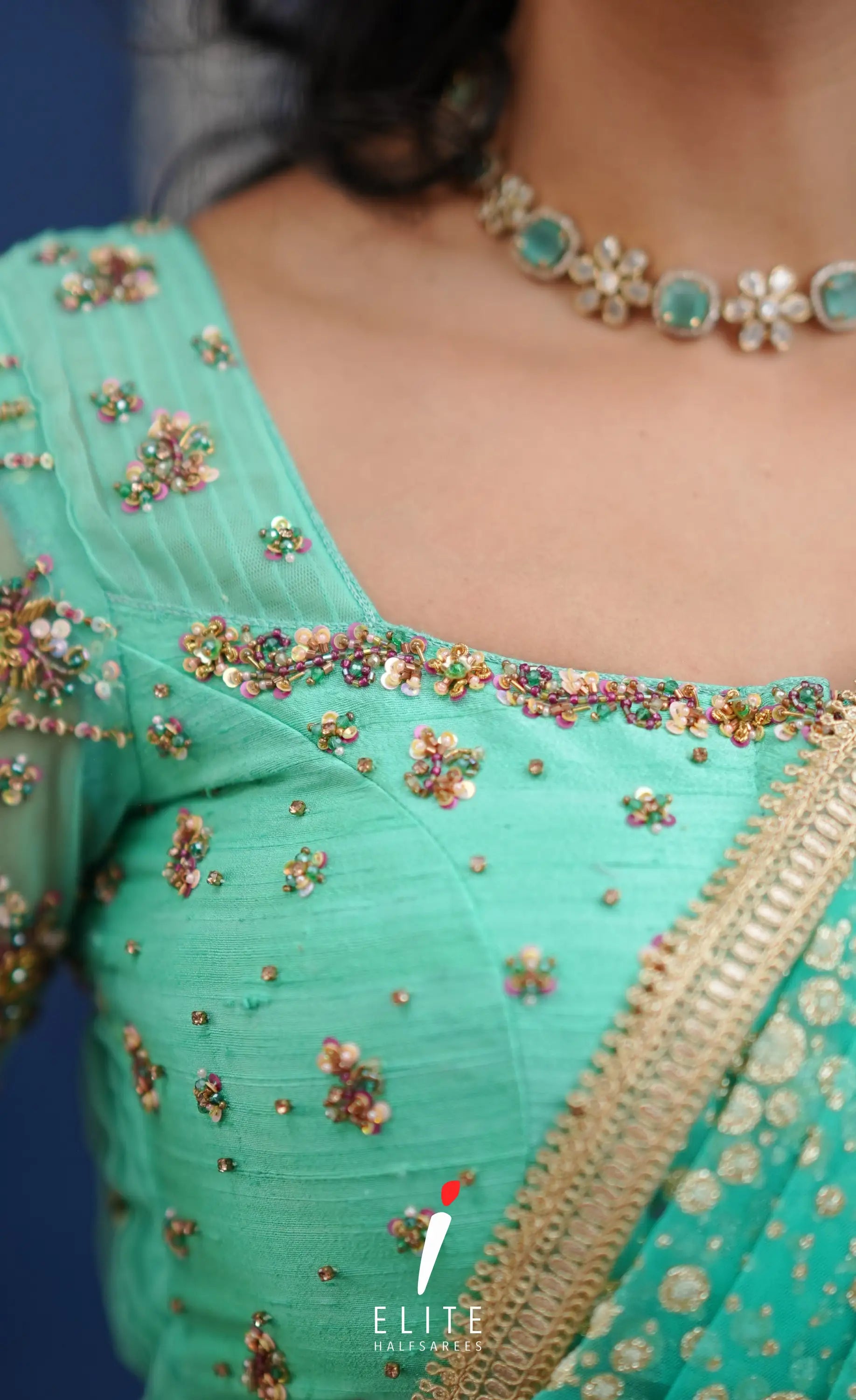 Amethyst Aari Handworked Bridal Lehenga - Coral pink and Pastel teal Half Sarees