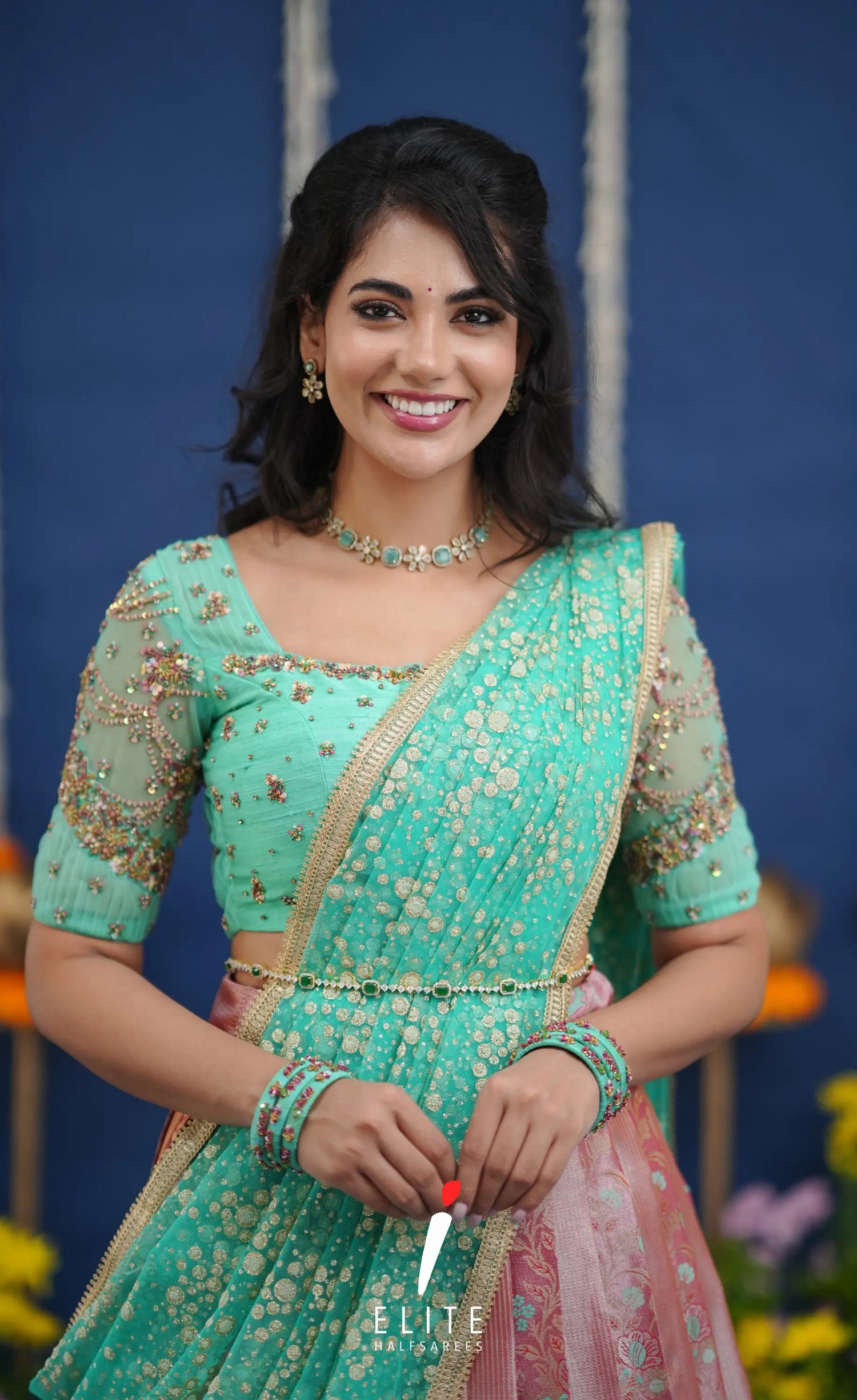 Amethyst Aari Handworked Bridal Lehenga - Coral pink and Pastel teal Half Sarees