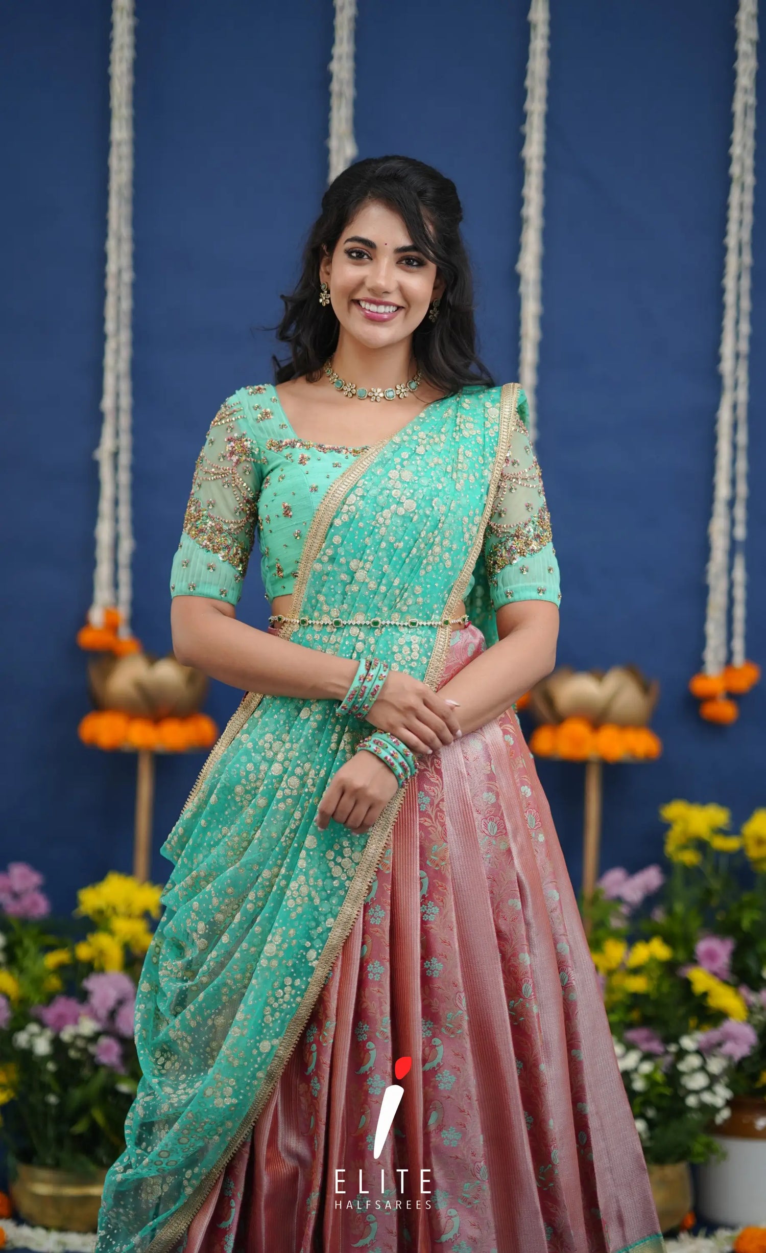 Amethyst Aari Handworked Bridal Lehenga - Coral pink and Pastel teal Half Sarees