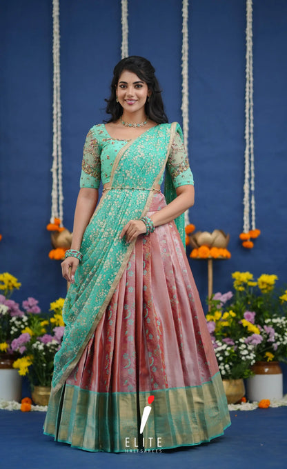 Amethyst Aari Handworked Bridal Lehenga - Coral pink and Pastel teal Half Sarees