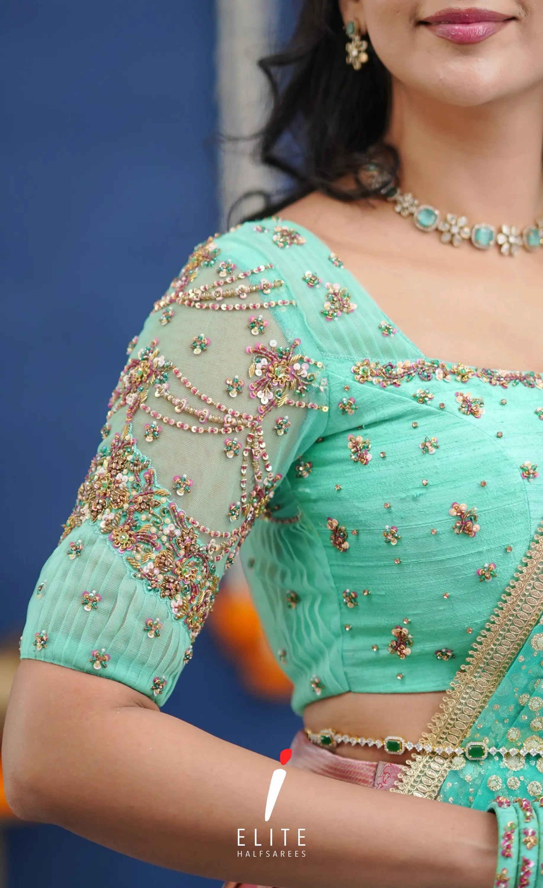 Amethyst Aari Handworked Bridal Lehenga - Coral pink and Pastel teal Half Sarees