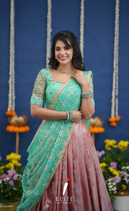 Amethyst Aari Handworked Bridal Lehenga - Coral pink and Pastel teal Half Sarees