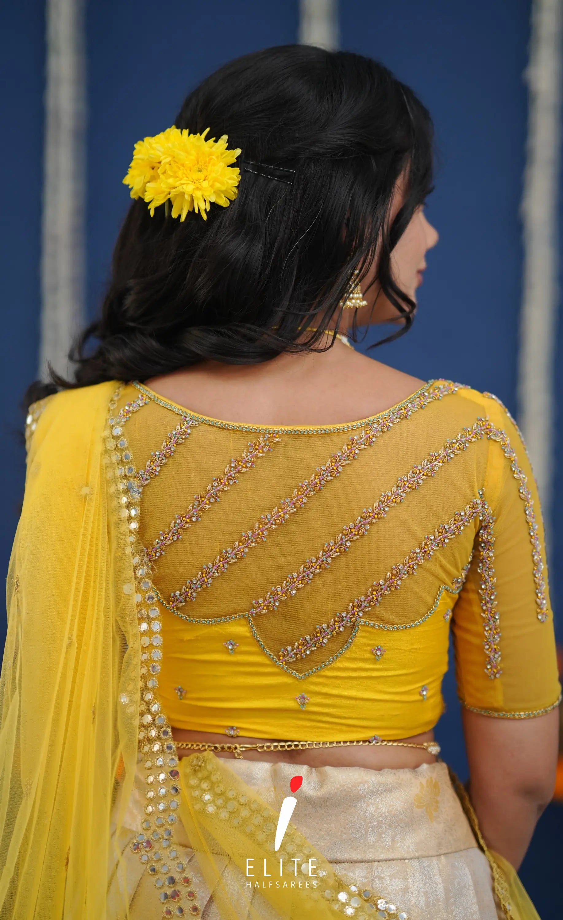 Amethyst Aari Handworked Bridal Lehenga - Creamish beige and Yellow Half Sarees