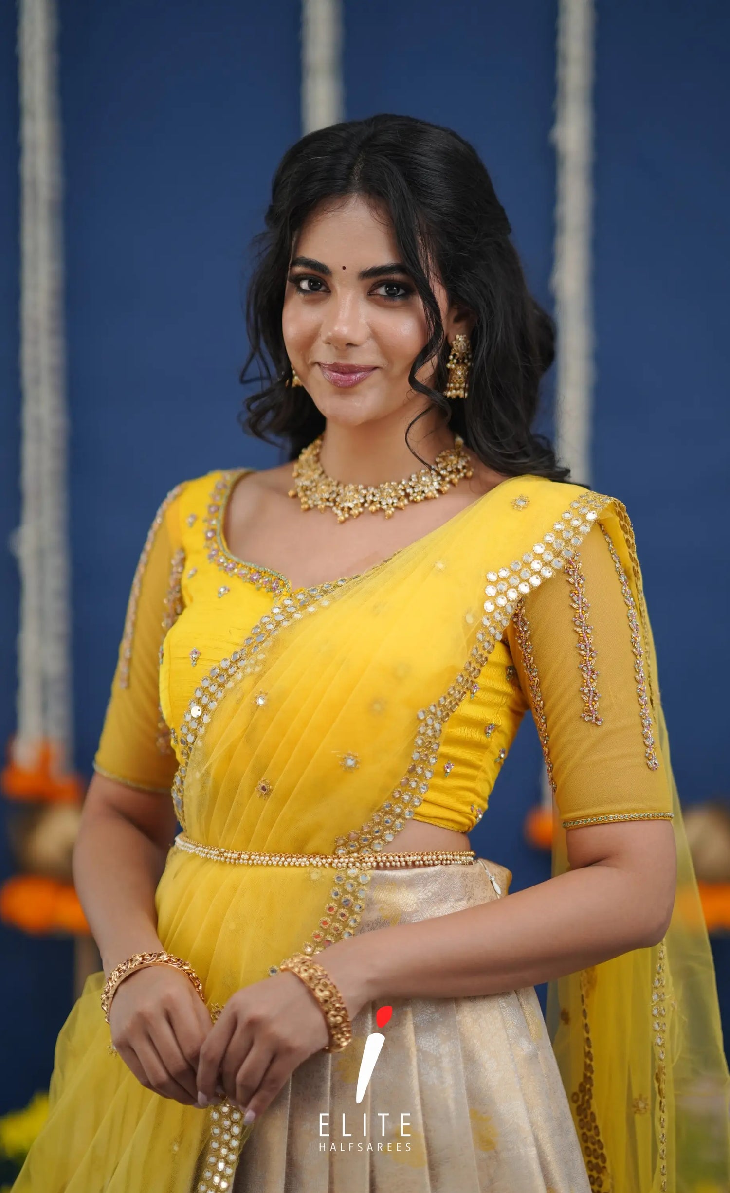Amethyst Aari Handworked Bridal Lehenga - Creamish beige and Yellow Half Sarees
