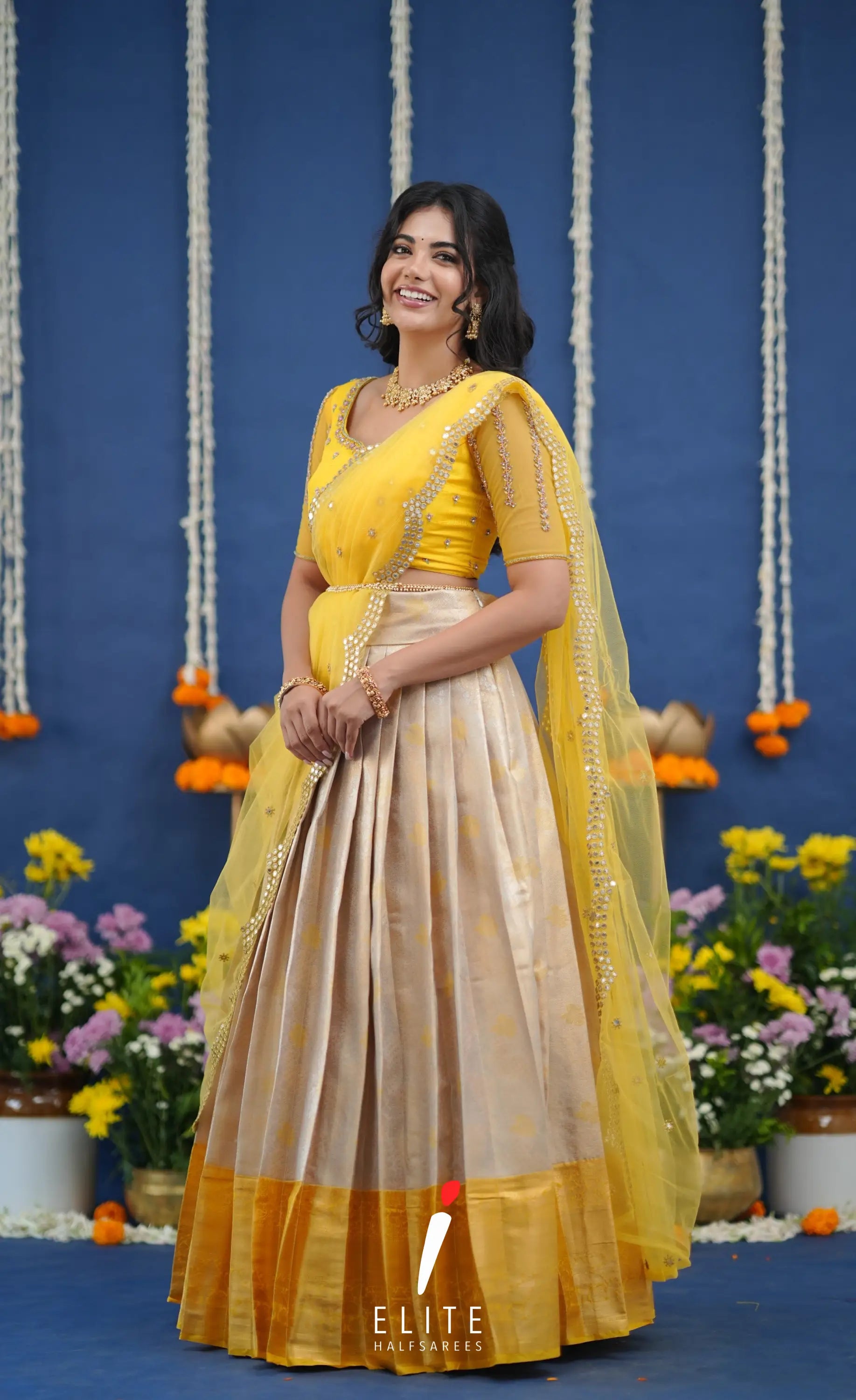 Amethyst Aari Handworked Bridal Lehenga - Creamish beige and Yellow Half Sarees