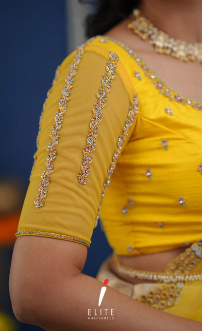 Amethyst Aari Handworked Bridal Lehenga - Creamish beige and Yellow Half Sarees