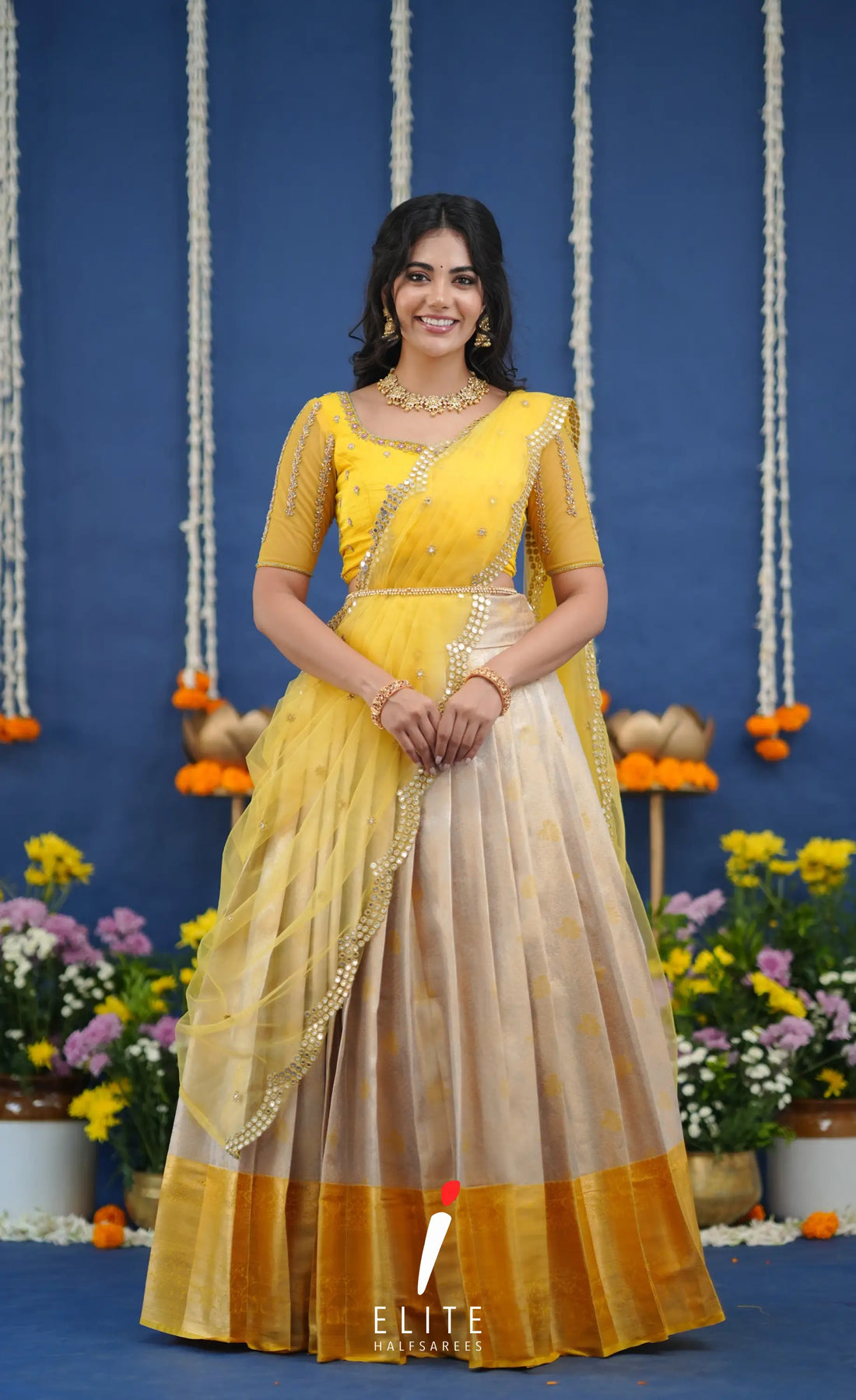 Amethyst Aari Handworked Bridal Lehenga - Creamish beige and Yellow Half Sarees