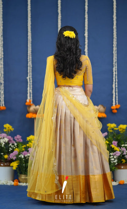Amethyst Aari Handworked Bridal Lehenga - Creamish beige and Yellow Half Sarees