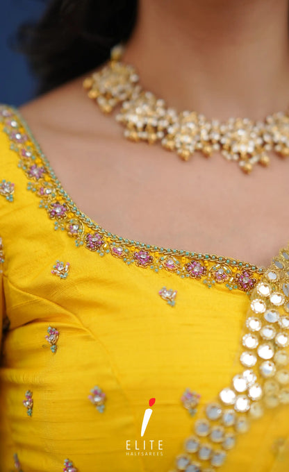 Amethyst Aari Handworked Bridal Lehenga - Creamish beige and Yellow Half Sarees
