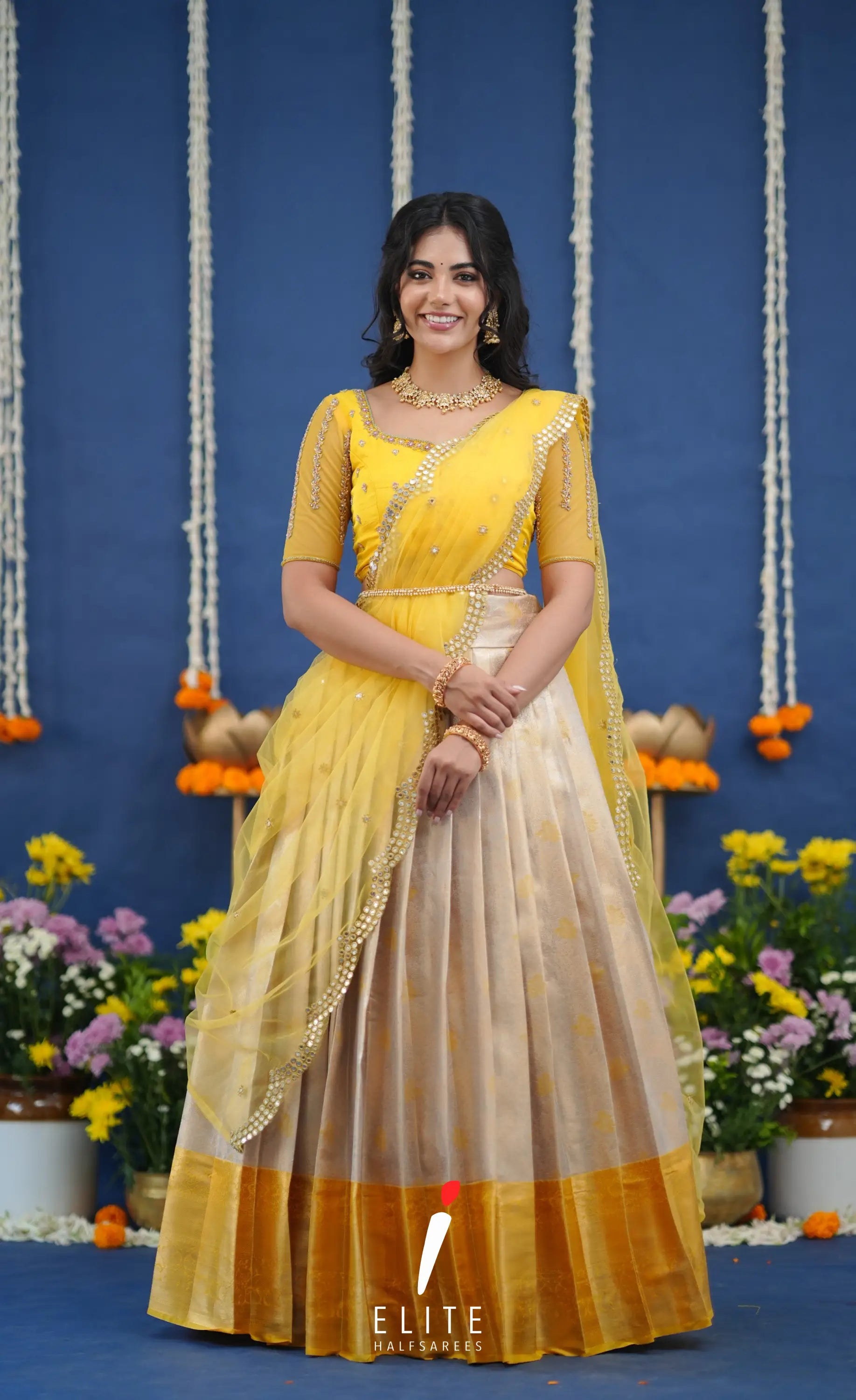 Amethyst Aari Handworked Bridal Lehenga - Creamish beige and Yellow Half Sarees