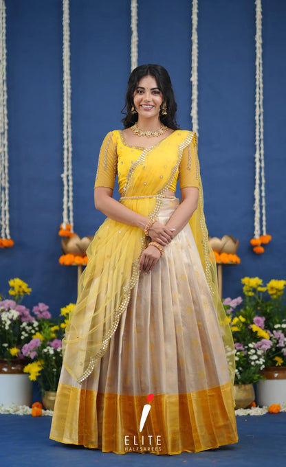 Amethyst Aari Handworked Bridal Lehenga - Creamish beige and Yellow Half Sarees