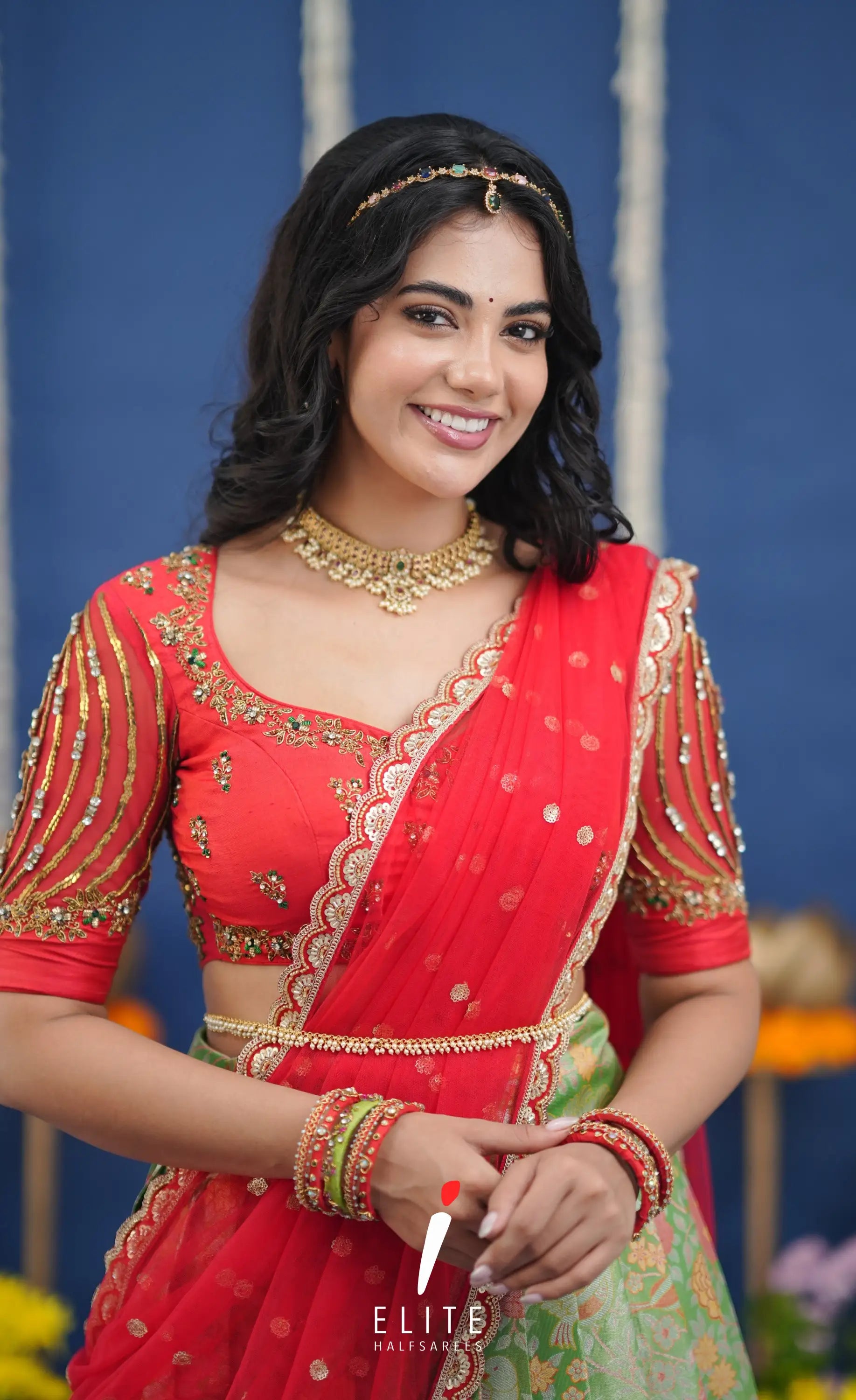 Amethyst Aari Handworked Bridal Lehenga - Light green and Red Half Sarees
