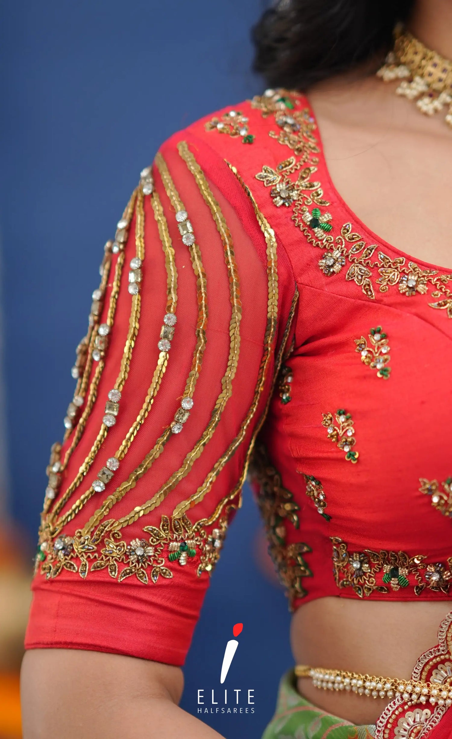 Amethyst Aari Handworked Bridal Lehenga - Light green and Red Half Sarees