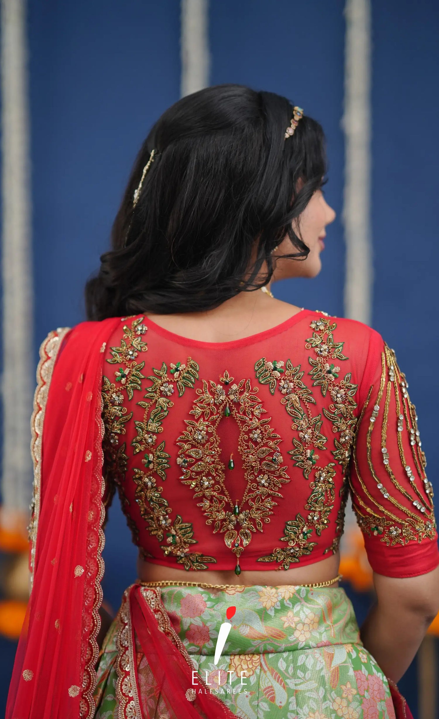 Amethyst Aari Handworked Bridal Lehenga - Light green and Red Half Sarees