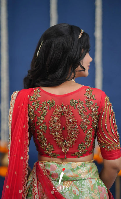 Amethyst Aari Handworked Bridal Lehenga - Light green and Red Half Sarees