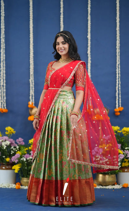 Amethyst Aari Handworked Bridal Lehenga - Light green and Red Half Sarees