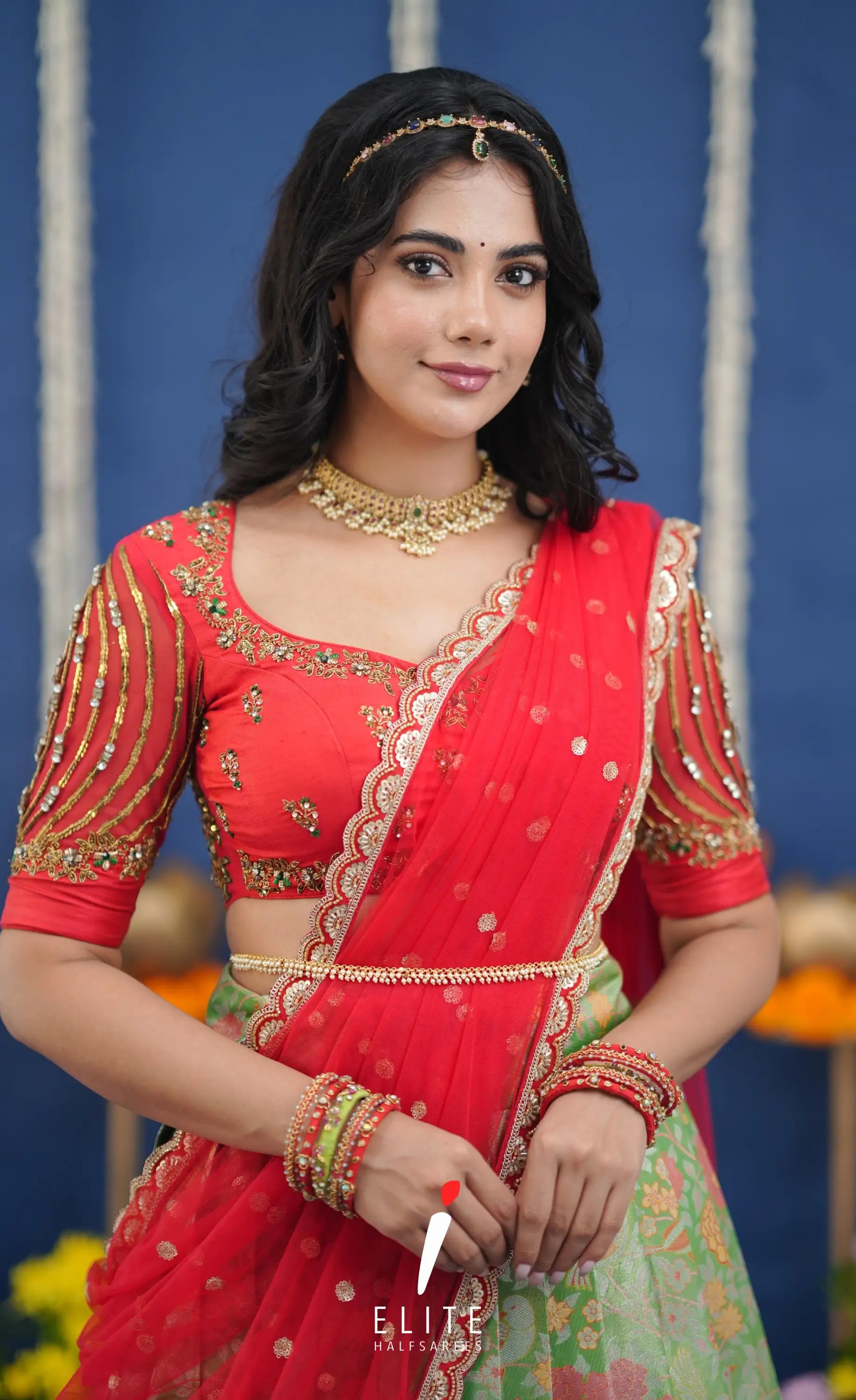 Amethyst Aari Handworked Bridal Lehenga - Light green and Red Half Sarees