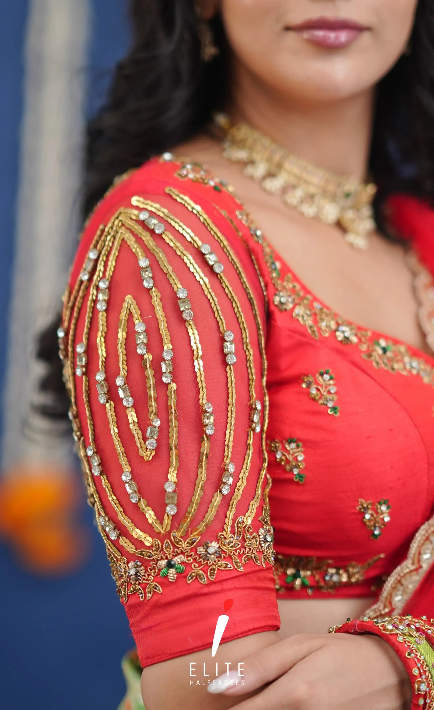 Amethyst Aari Handworked Bridal Lehenga - Light green and Red Half Sarees