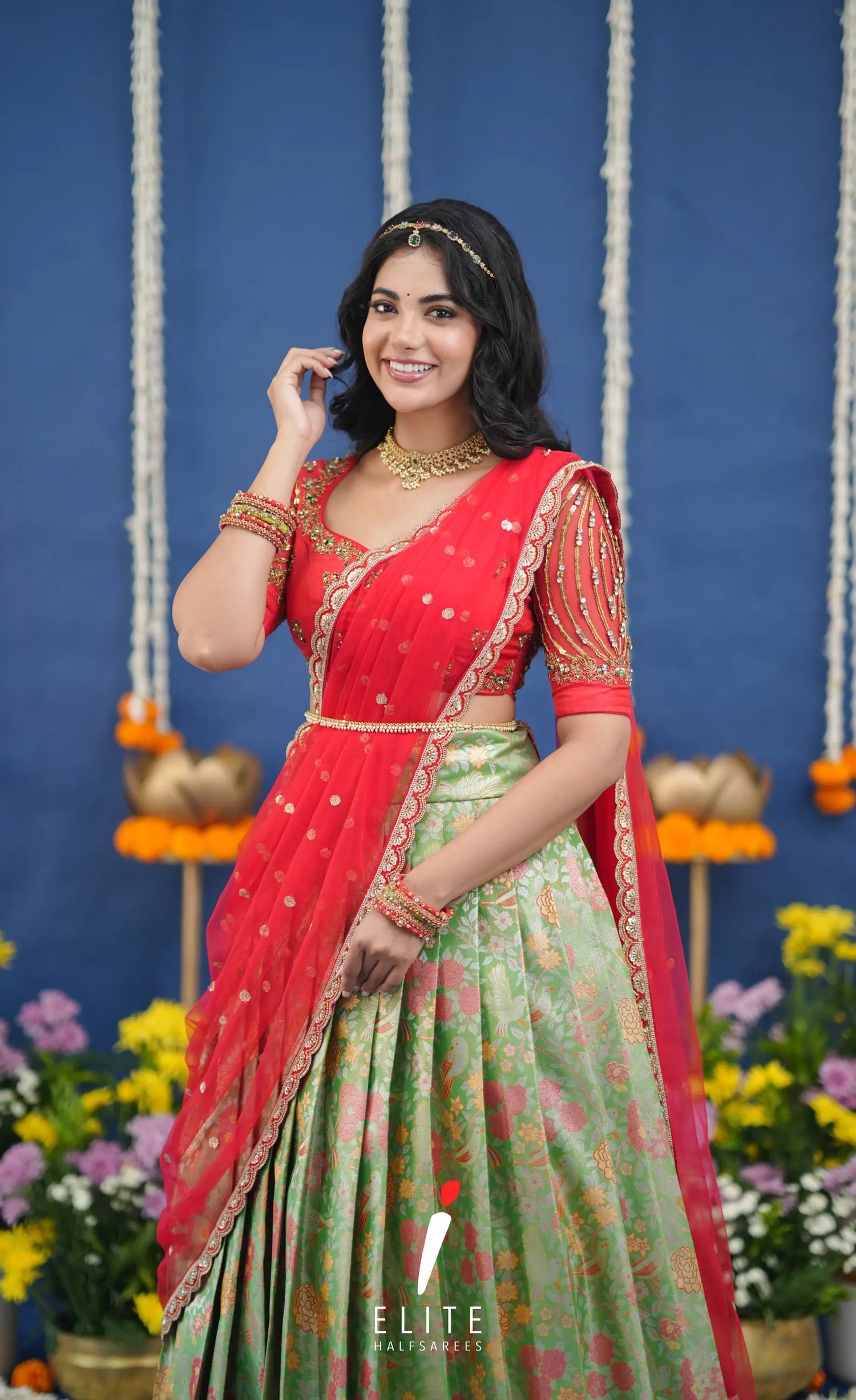 Amethyst Aari Handworked Bridal Lehenga - Light green and Red Half Sarees