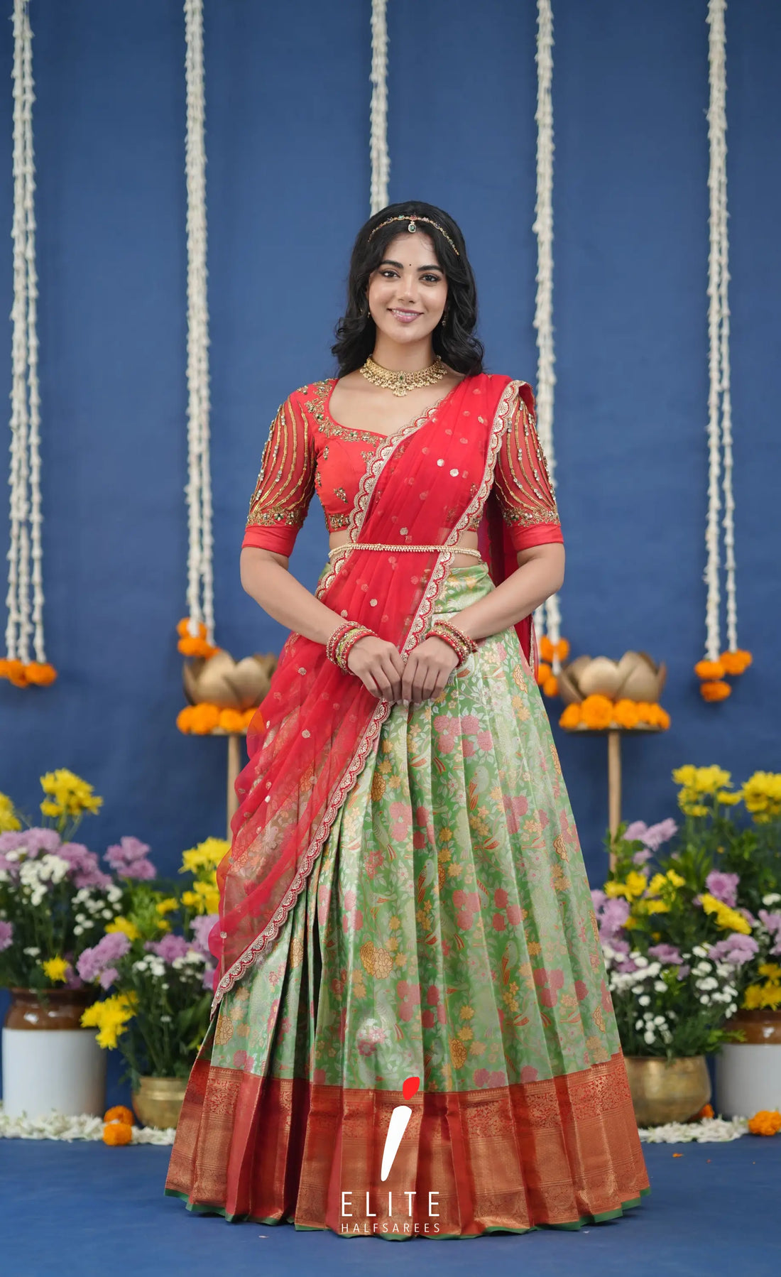 Amethyst Aari Handworked Bridal Lehenga - Light green and Red Half Sarees