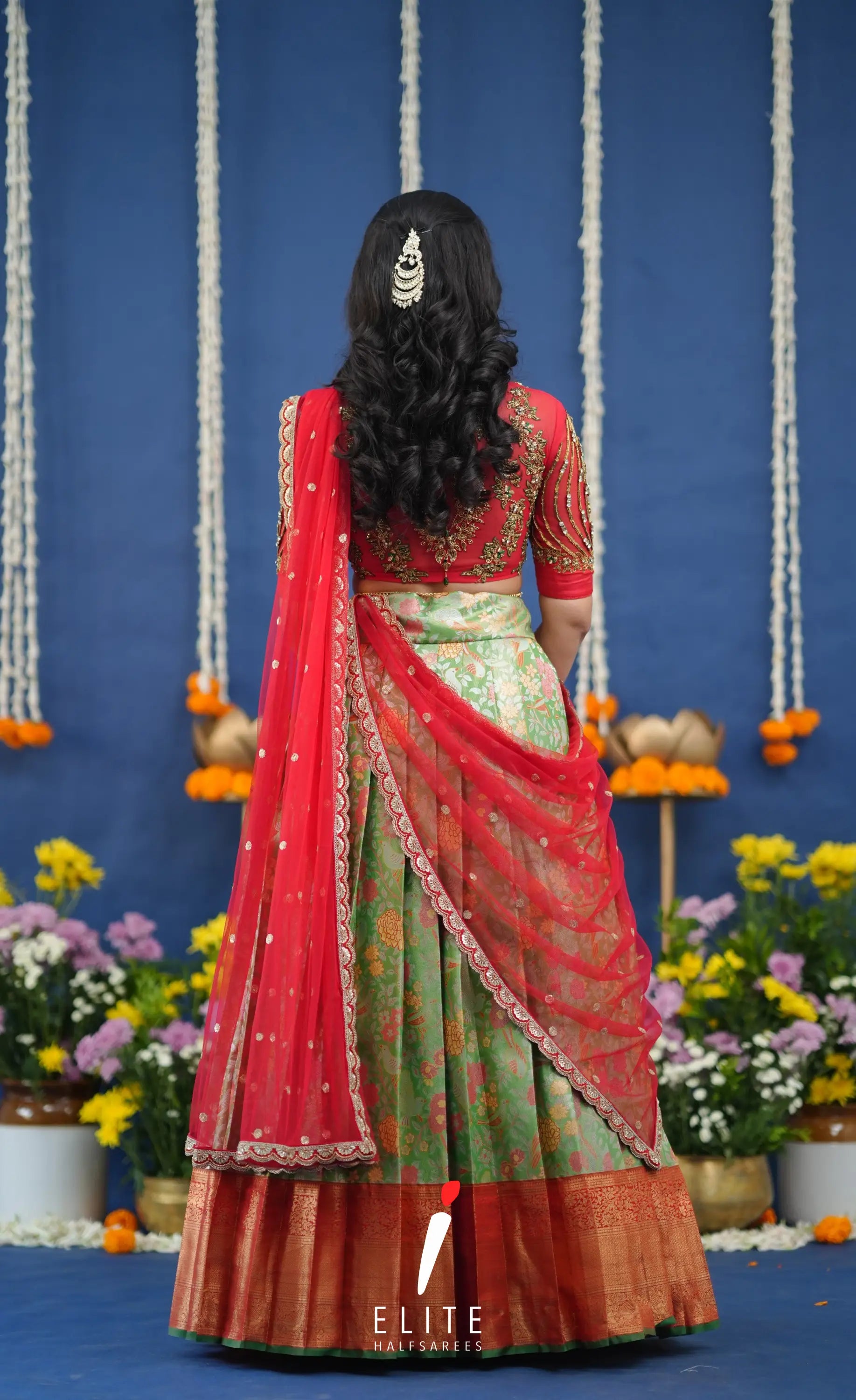 Amethyst Aari Handworked Bridal Lehenga - Light green and Red Half Sarees