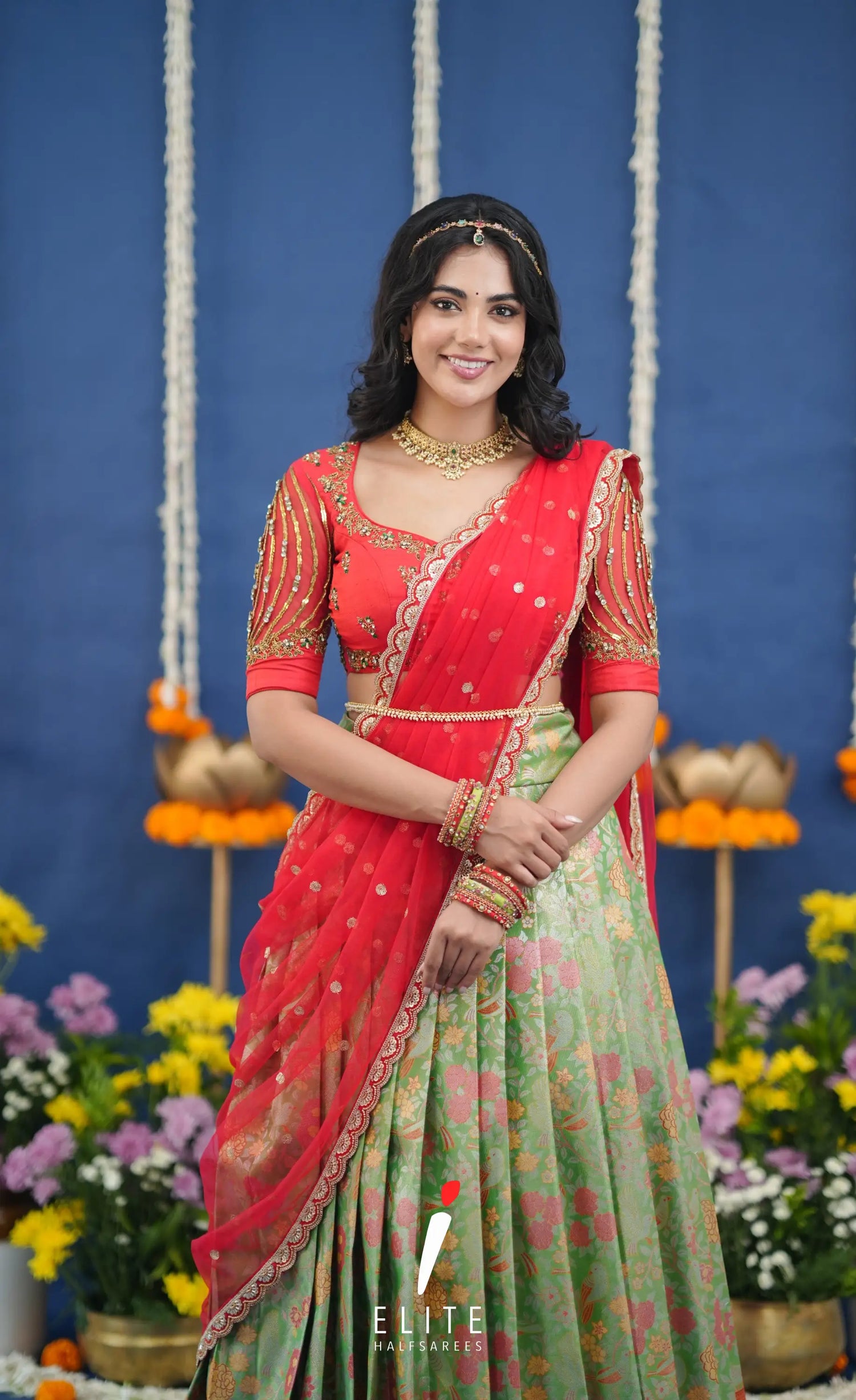 Amethyst Aari Handworked Bridal Lehenga - Light green and Red Half Sarees