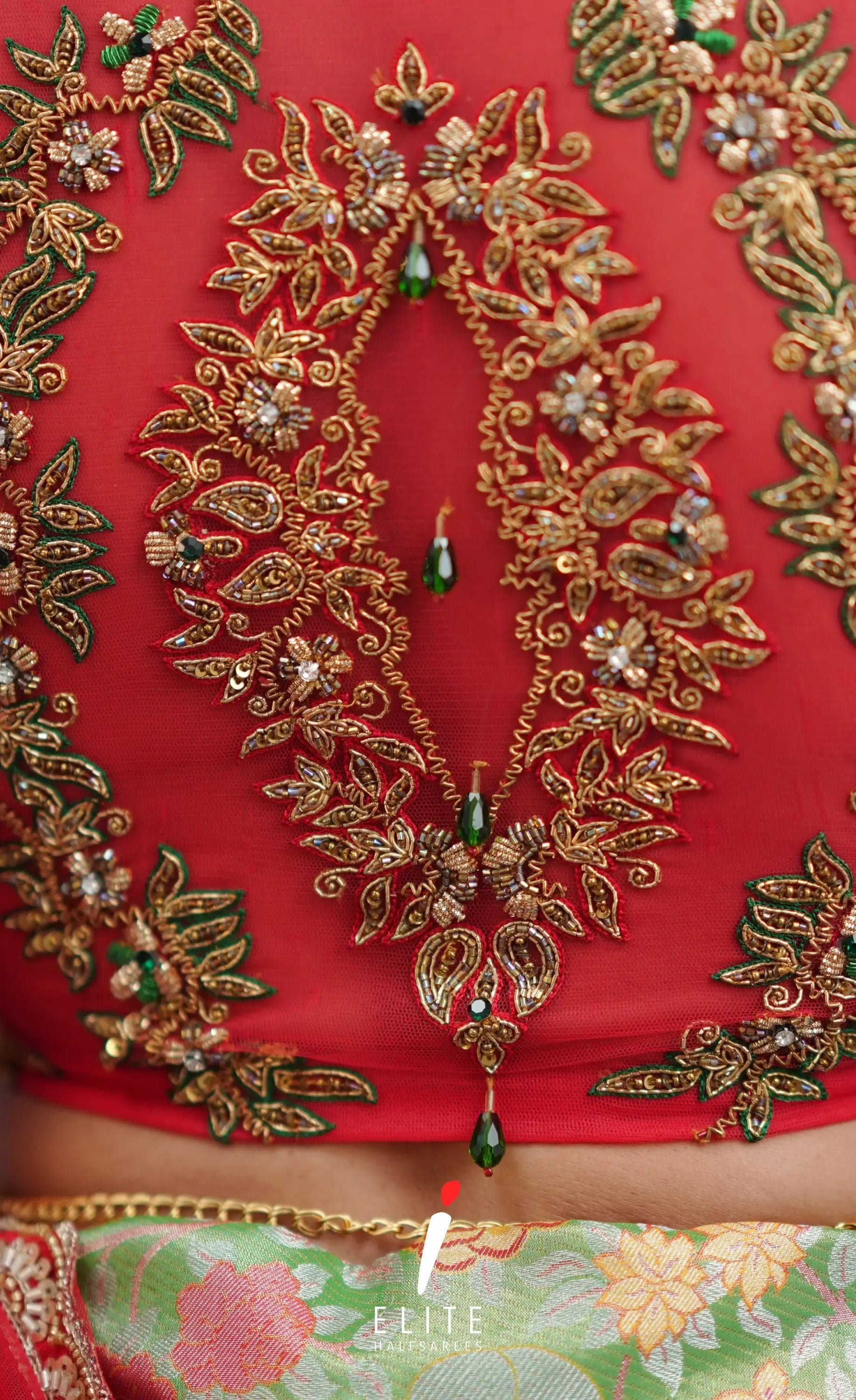 Amethyst Aari Handworked Bridal Lehenga - Light green and Red Half Sarees