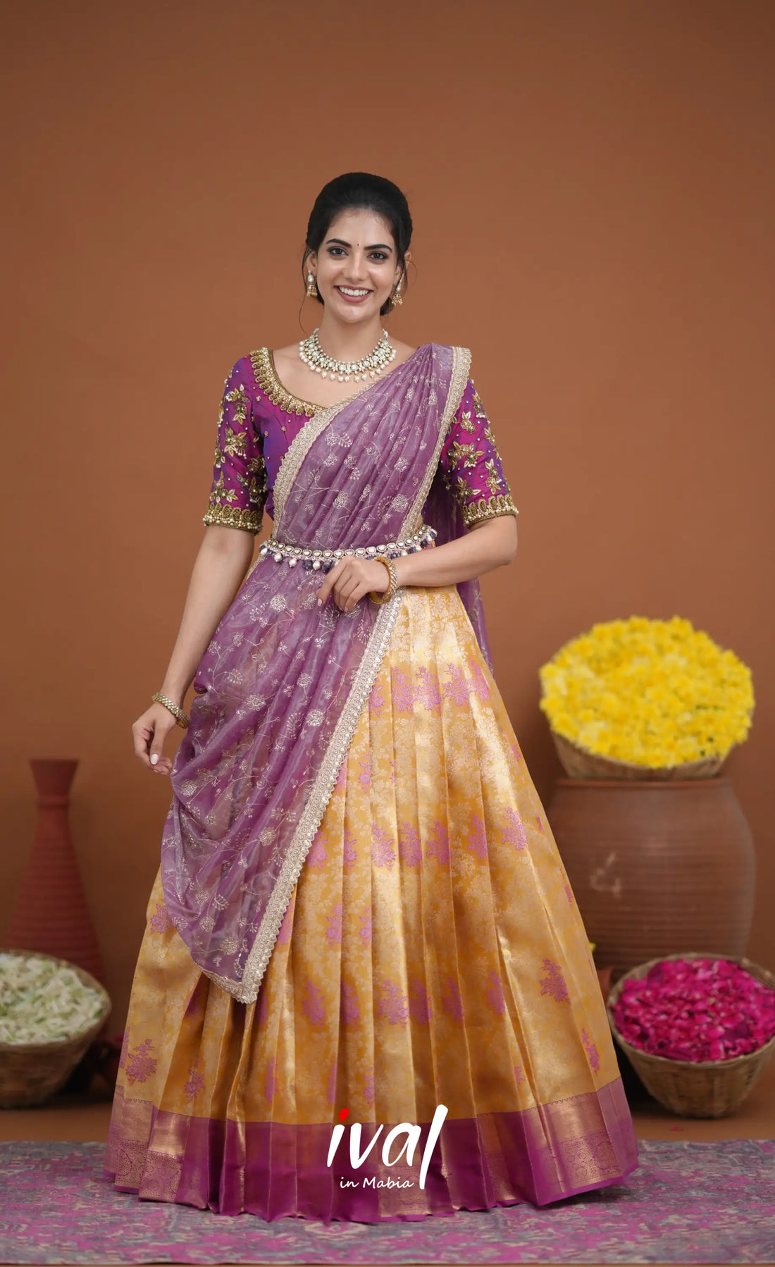 Amethyst Aari Handworked Bridal Lehenga - Mustard and Violet Half Sarees