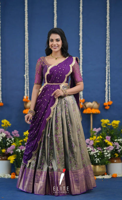 Amethyst Aari Handworked Bridal Lehenga - Olive green and Violet Half Sarees