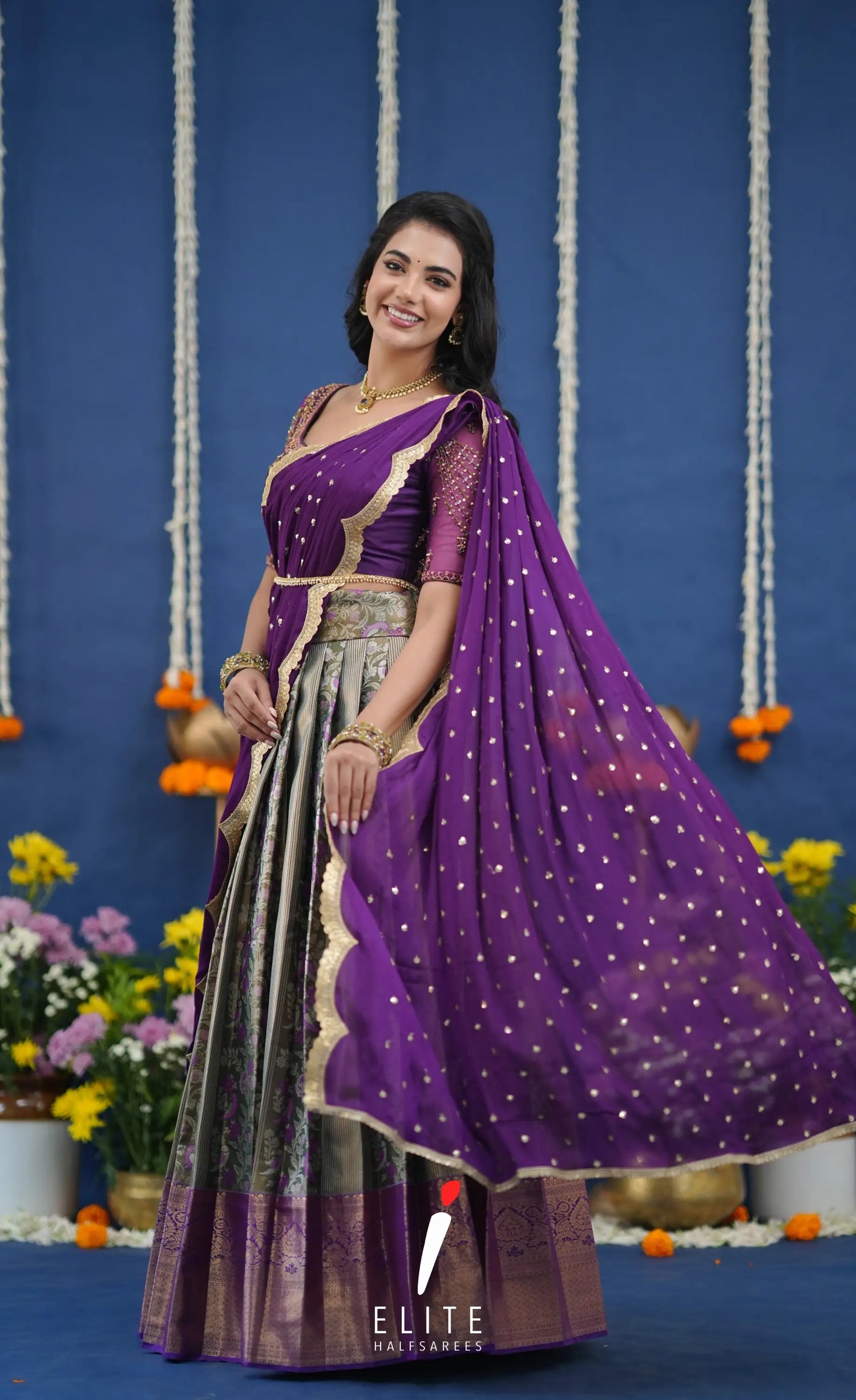 Amethyst Aari Handworked Bridal Lehenga - Olive green and Violet Half Sarees