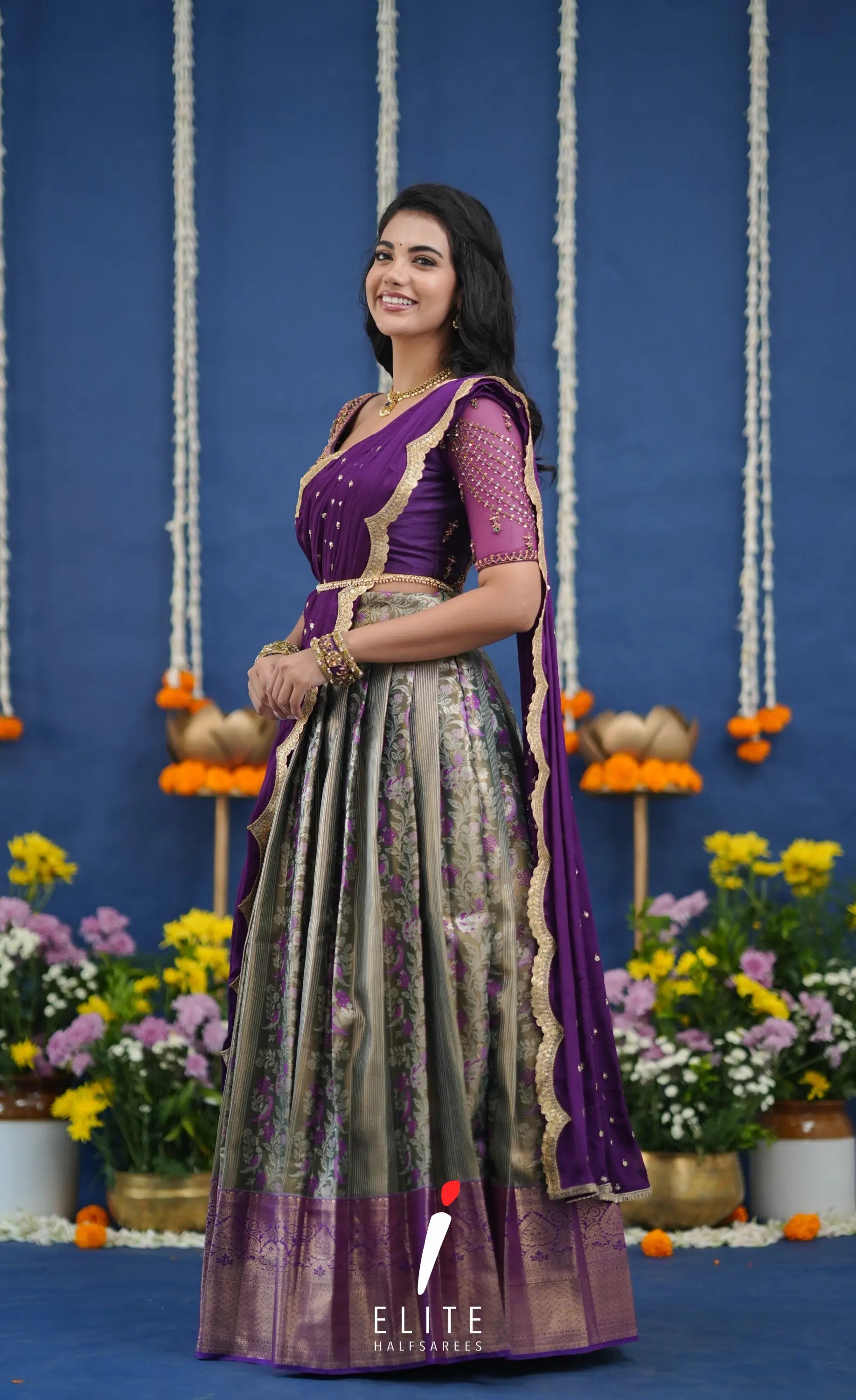 Amethyst Aari Handworked Bridal Lehenga - Olive green and Violet Half Sarees