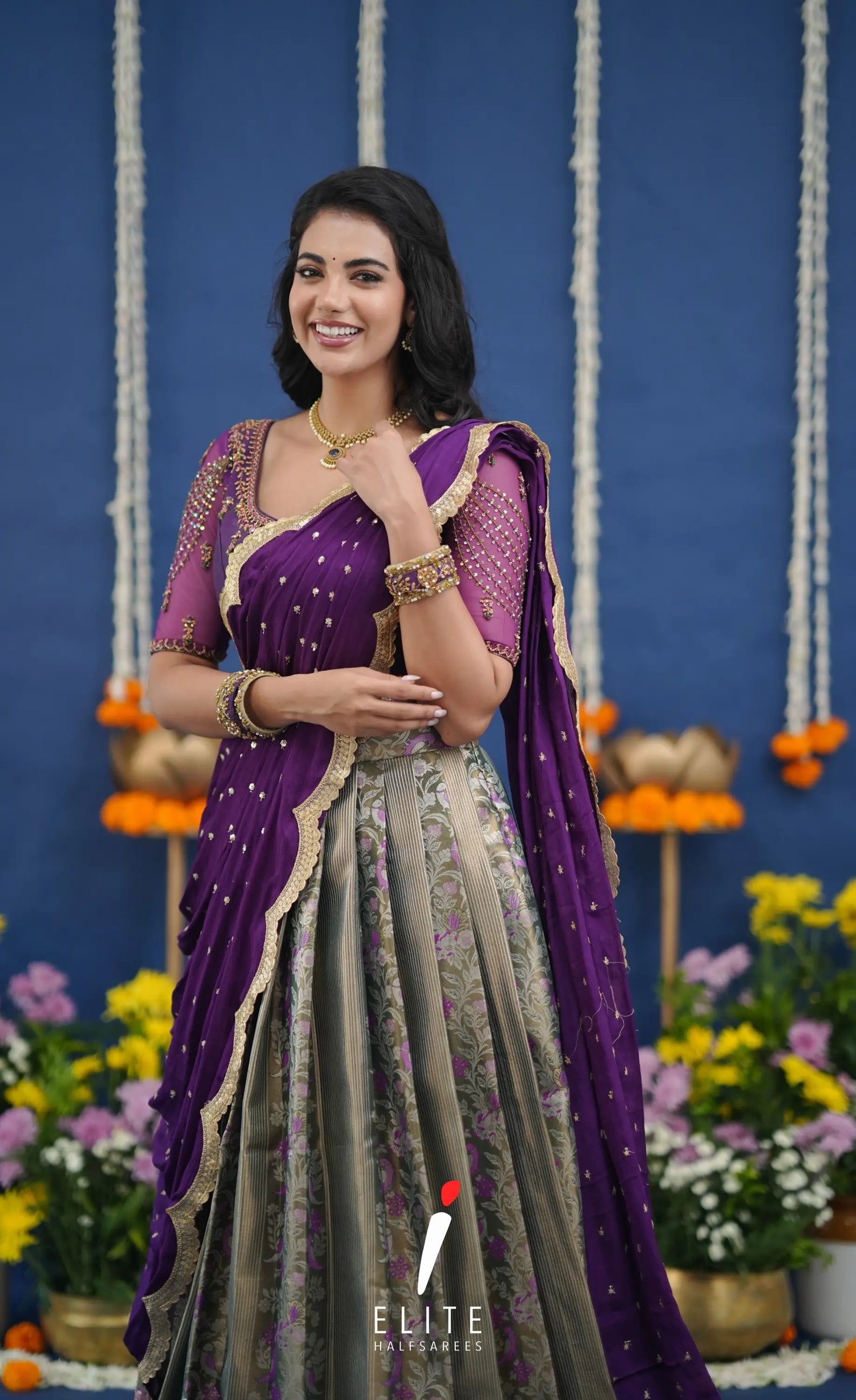 Amethyst Aari Handworked Bridal Lehenga - Olive green and Violet Half Sarees