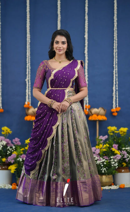 Amethyst Aari Handworked Bridal Lehenga - Olive green and Violet Half Sarees