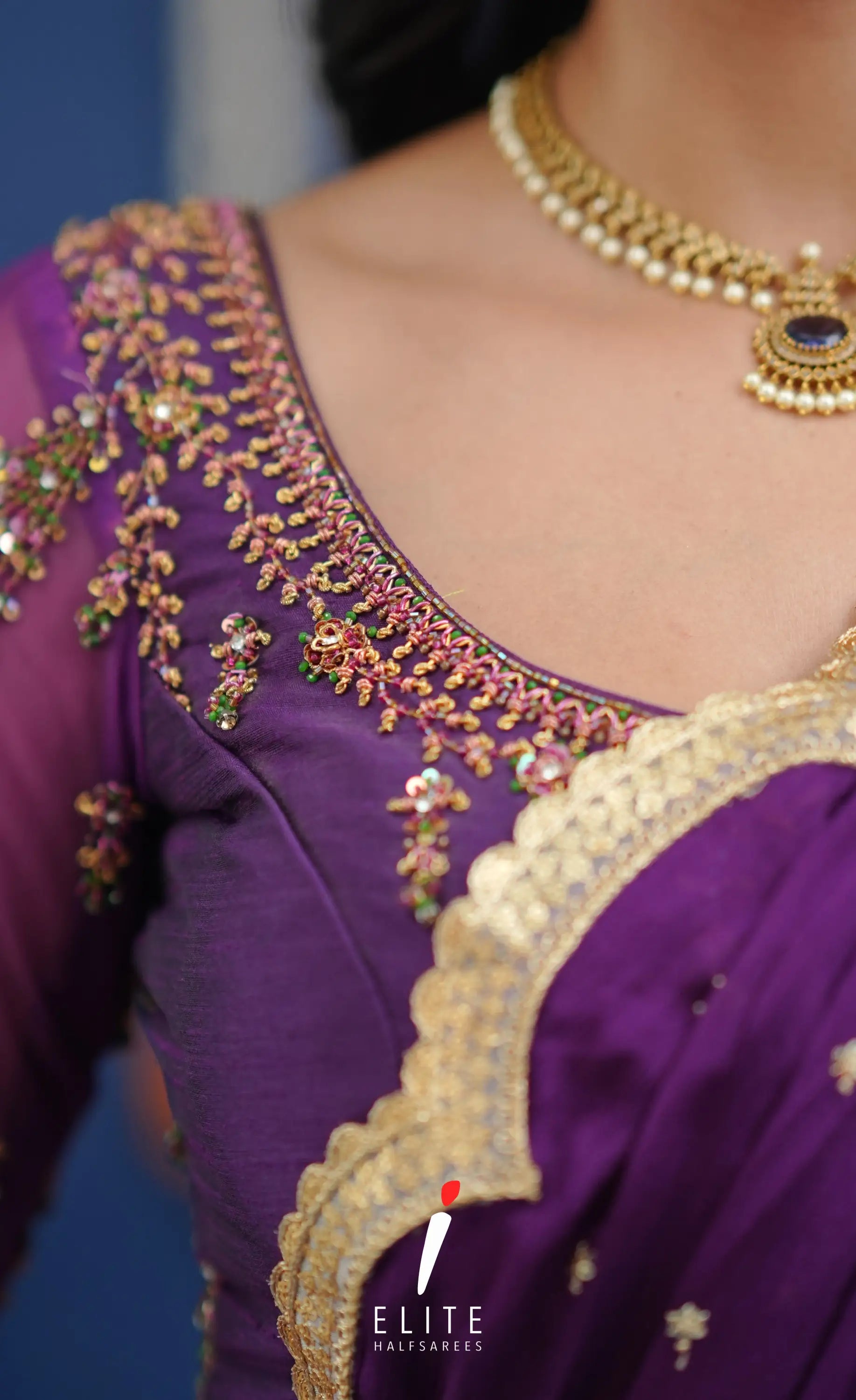 Amethyst Aari Handworked Bridal Lehenga - Olive green and Violet Half Sarees