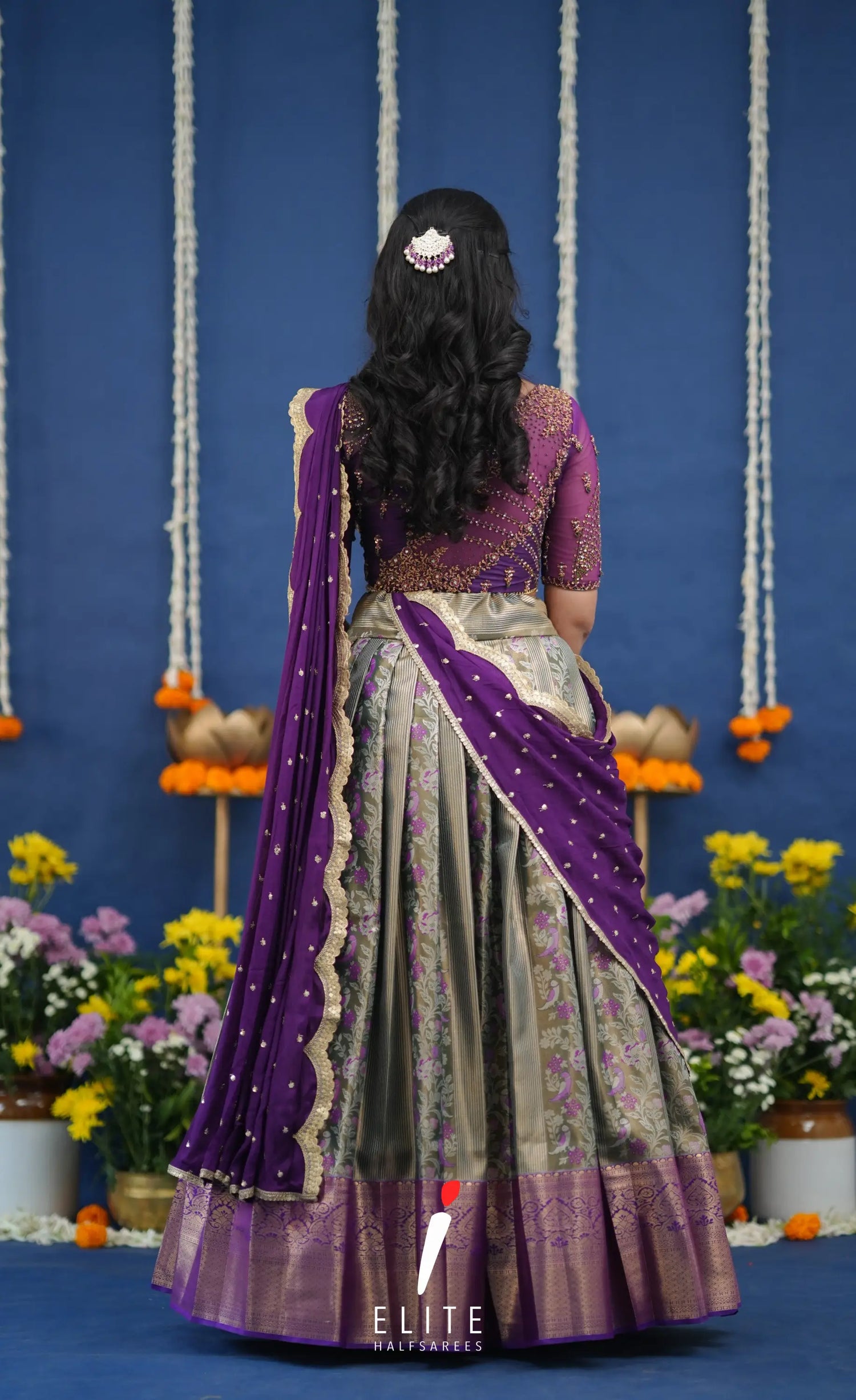 Amethyst Aari Handworked Bridal Lehenga - Olive green and Violet Half Sarees
