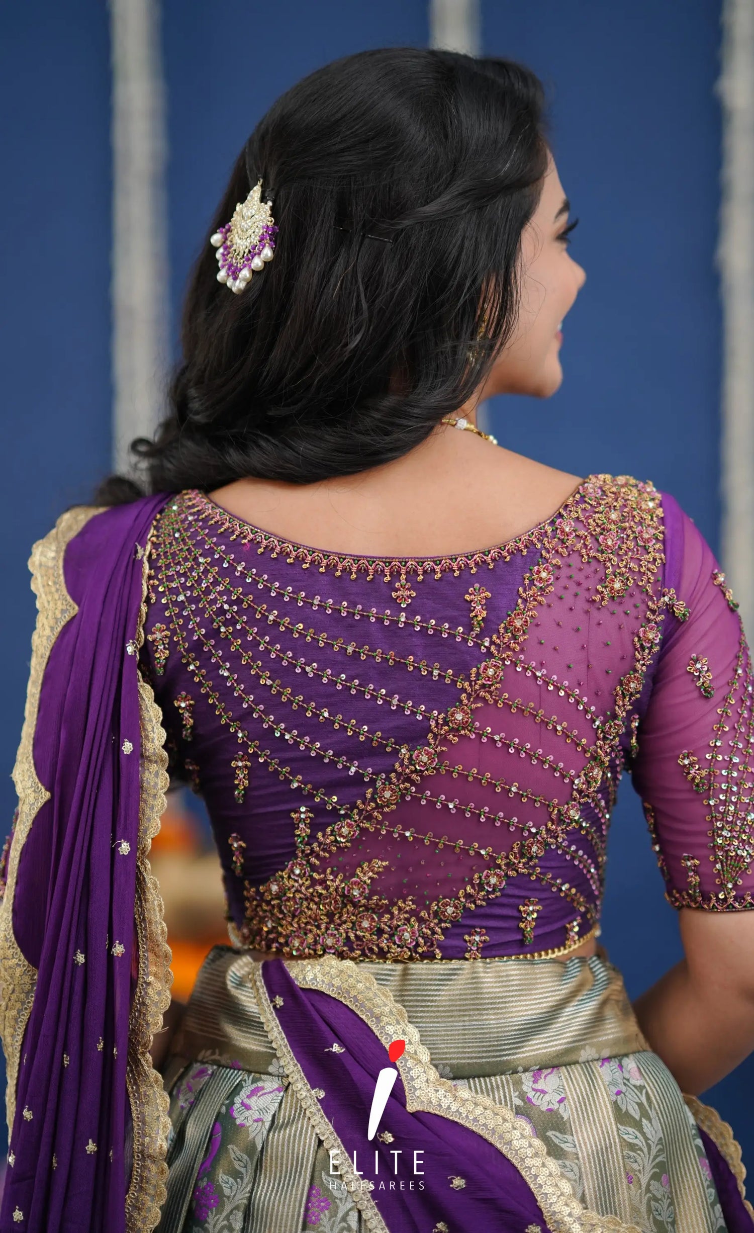 Amethyst Aari Handworked Bridal Lehenga - Olive green and Violet Half Sarees