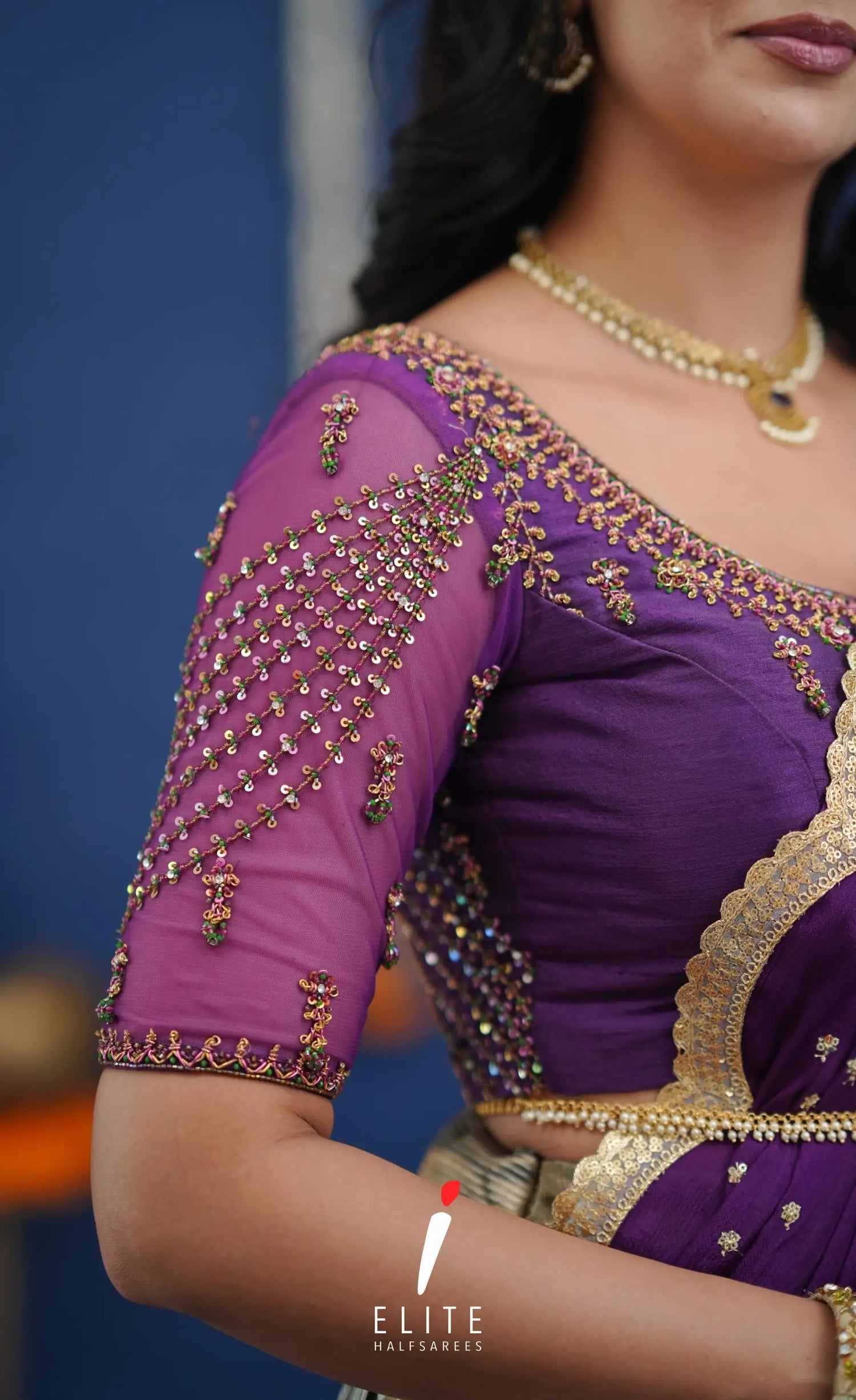 Amethyst Aari Handworked Bridal Lehenga - Olive green and Violet Half Sarees