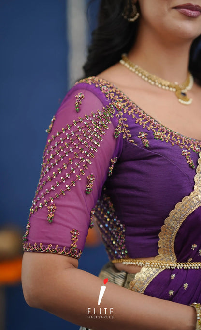 Amethyst Aari Handworked Bridal Lehenga - Olive green and Violet Half Sarees