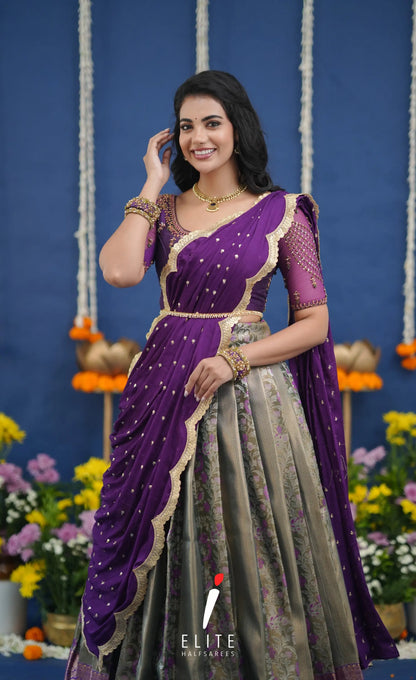 Amethyst Aari Handworked Bridal Lehenga - Olive green and Violet Half Sarees