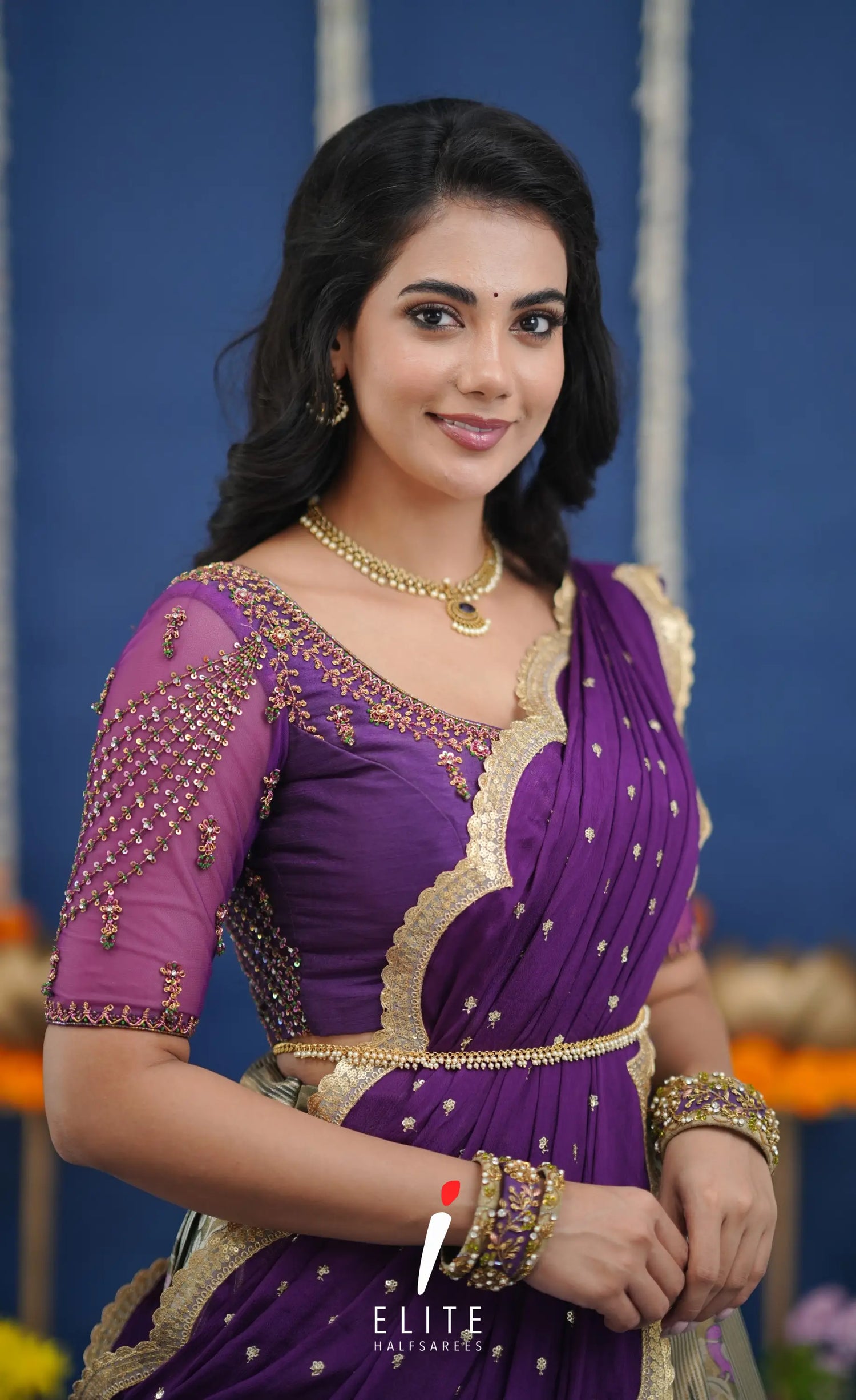 Amethyst Aari Handworked Bridal Lehenga - Olive green and Violet Half Sarees