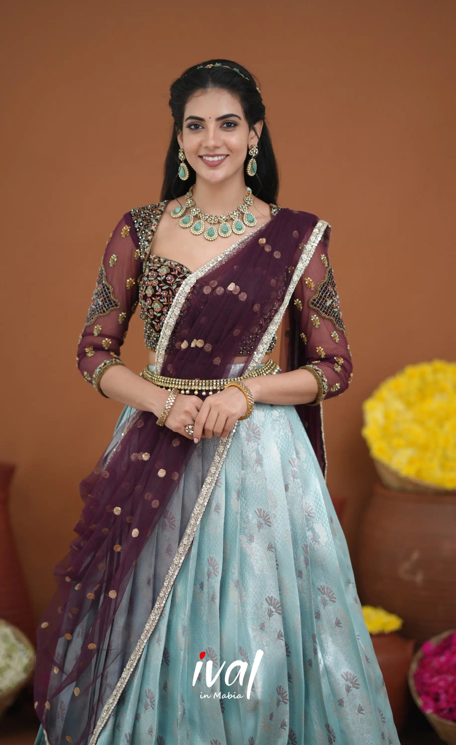 Amethyst Aari Handworked Bridal Lehenga - Pastel Blue and Wine Half Sarees